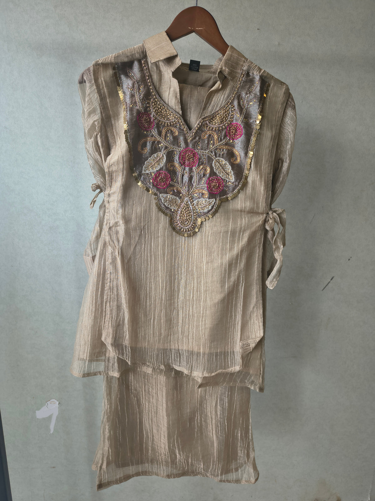 Premium Champagne Tissue Silk Embroidered Kurta with Hand Embellished Statement Yoke