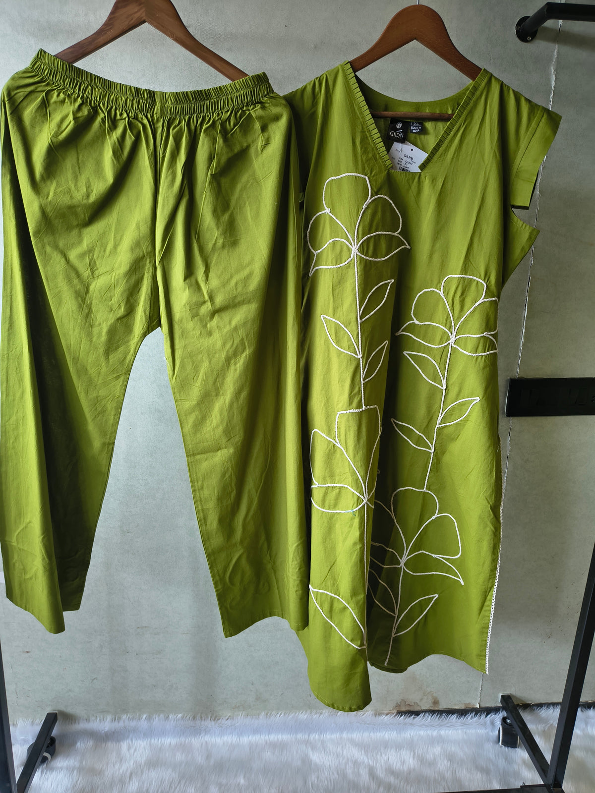 Olive Green Cotton Co-Ord Set with Abstract Floral Cord Embroidery