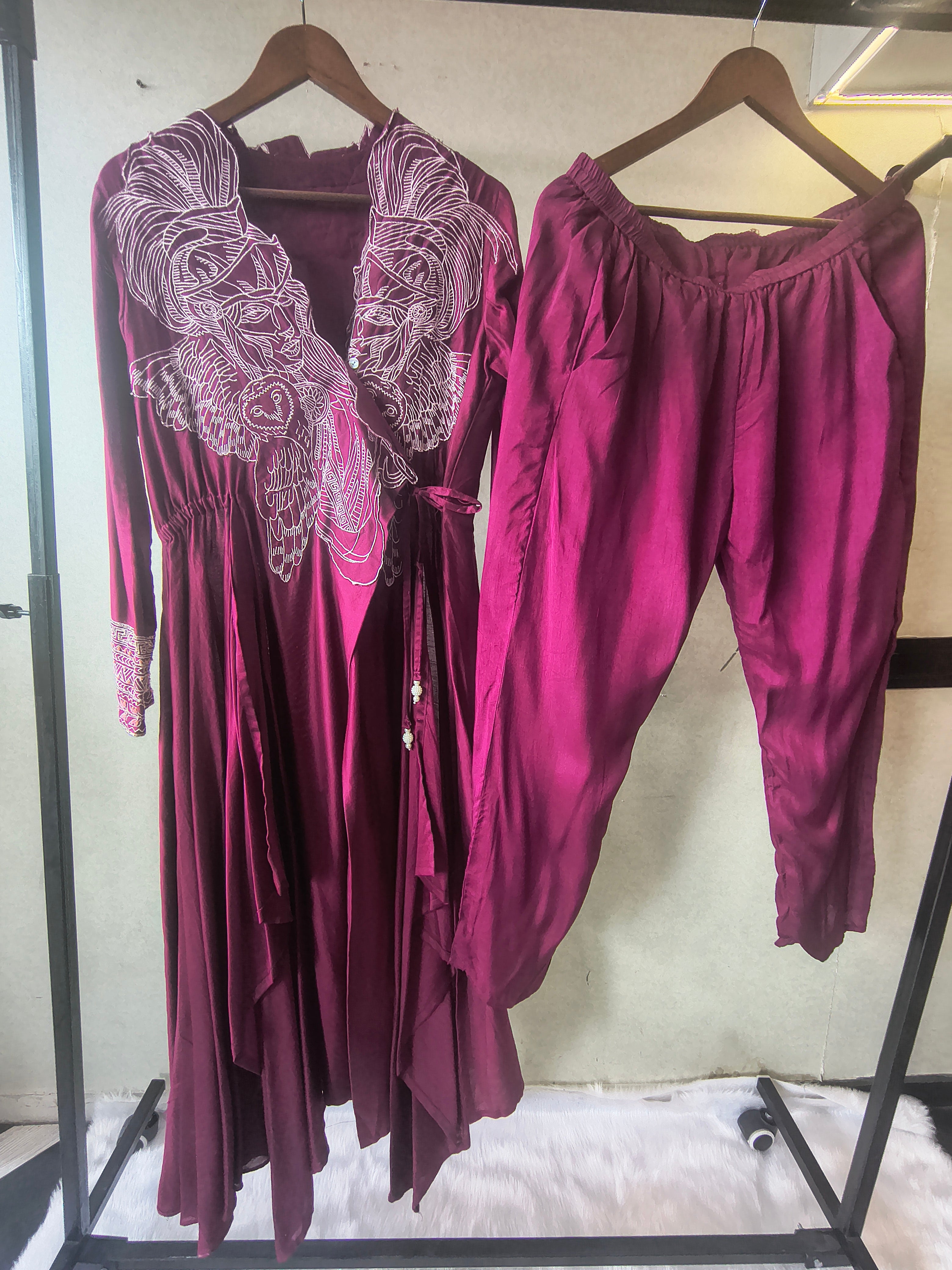 Image of Wine Embroidered Wrap Style Indo-Western Jacket with Dhoti Pants – Designer 2 Piece Fusion Set