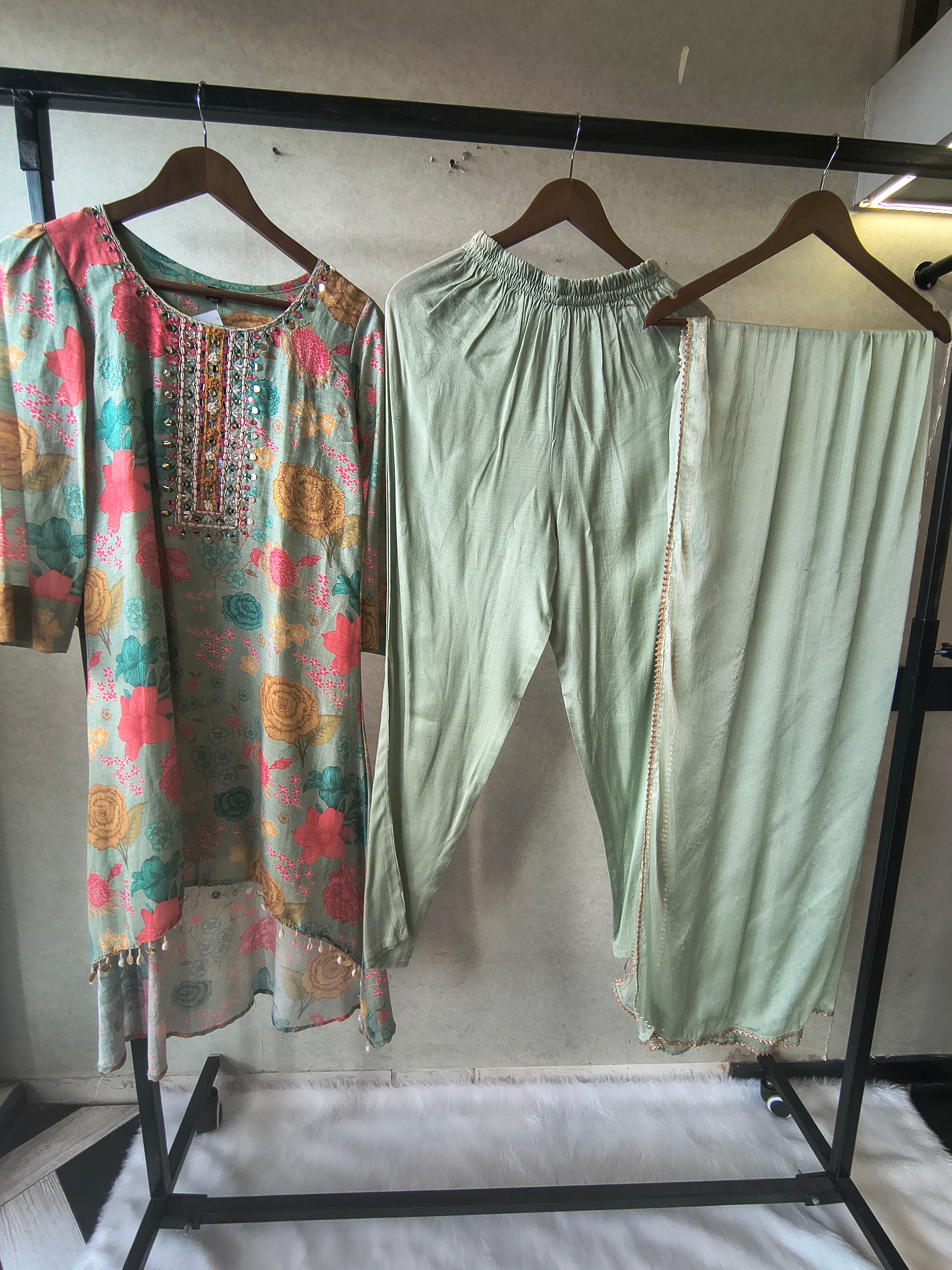Image of Premium Mint Green Floral Printed Kurta Set with Embellished Neckline & Dupatta