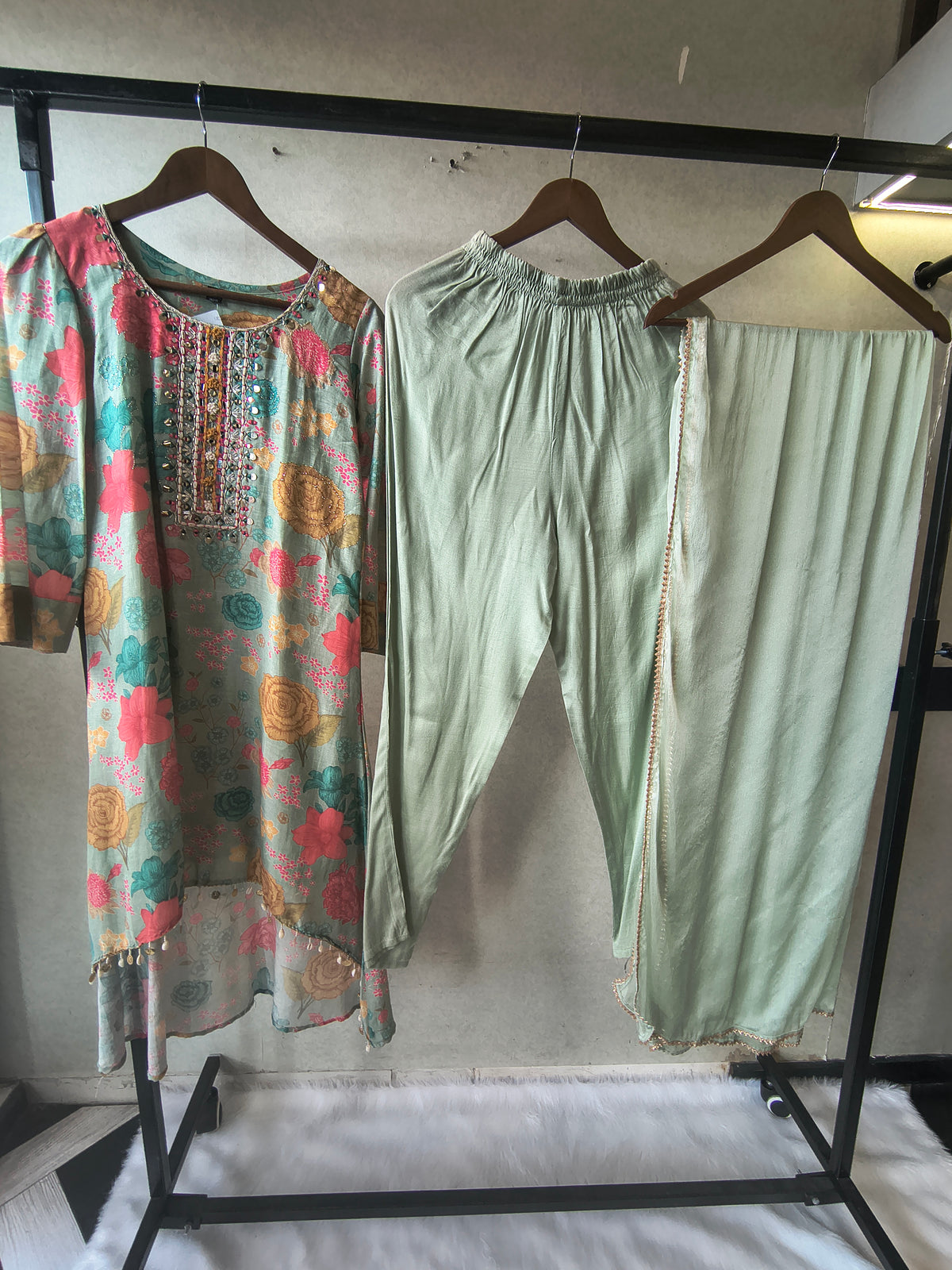 Premium Mint Green Floral Printed Kurta Set with Embellished Neckline & Dupatta