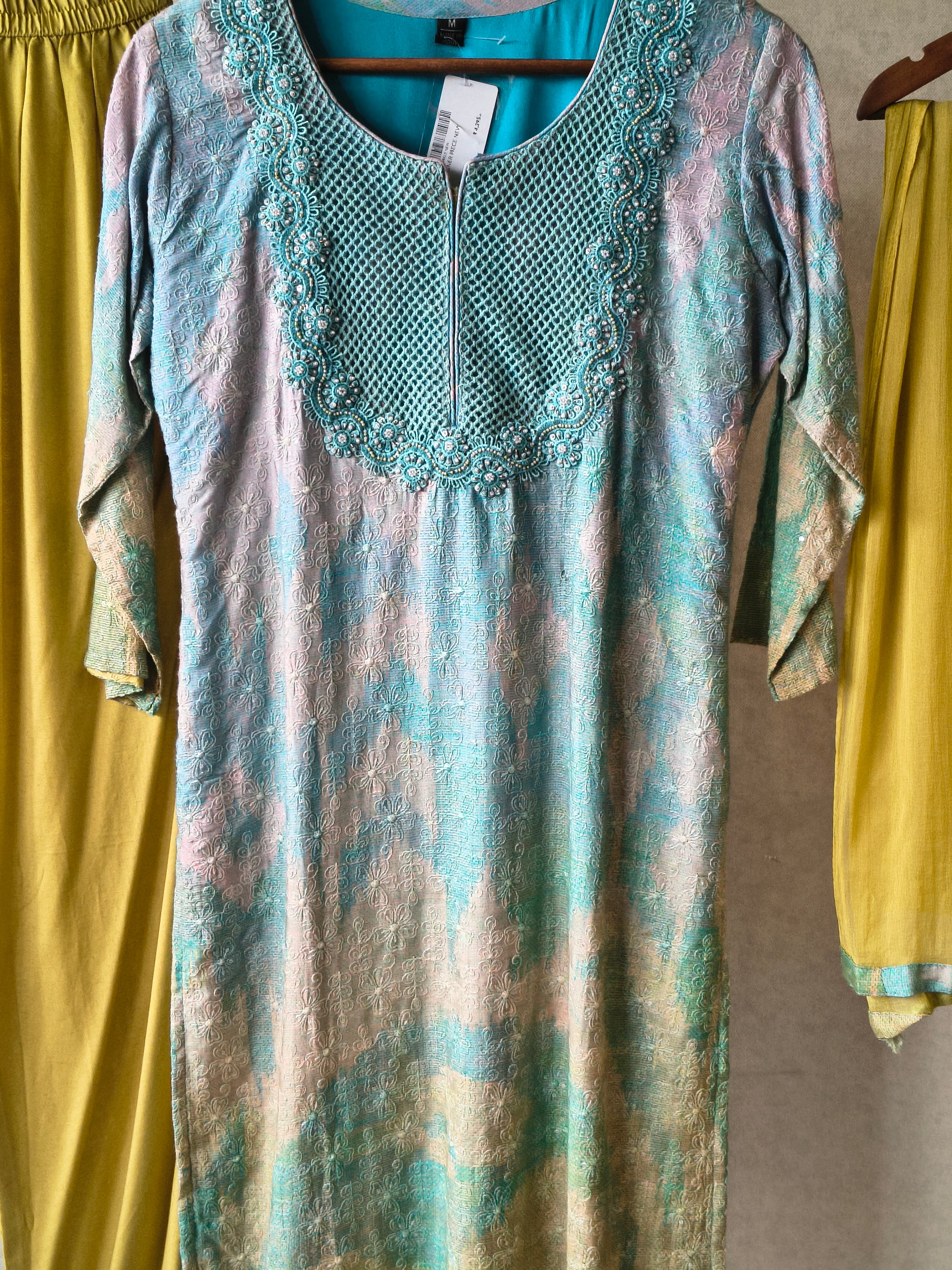 Image of Premium Aqua Blue Digital Printed Kurta Set with Embroidered Yoke & Solid Mustard Palazzo with Dupatta