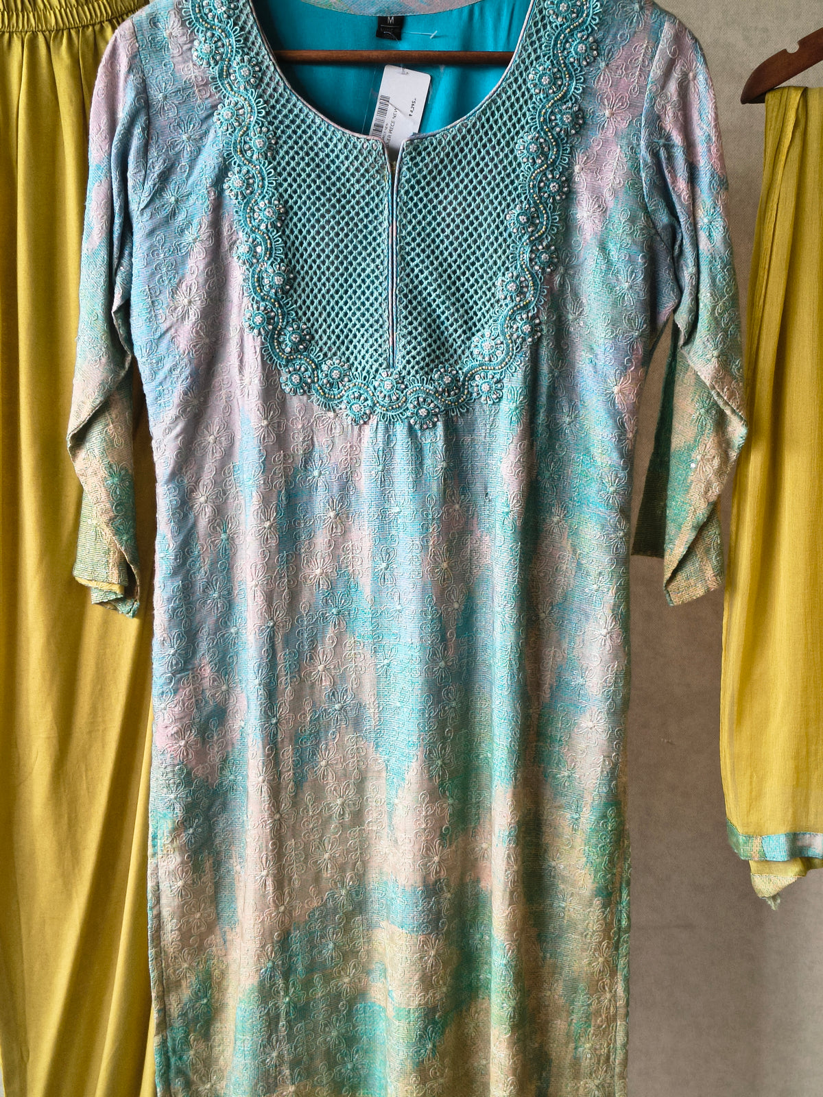 Premium Aqua Blue Digital Printed Kurta Set with Embroidered Yoke & Solid Mustard Palazzo with Dupatta