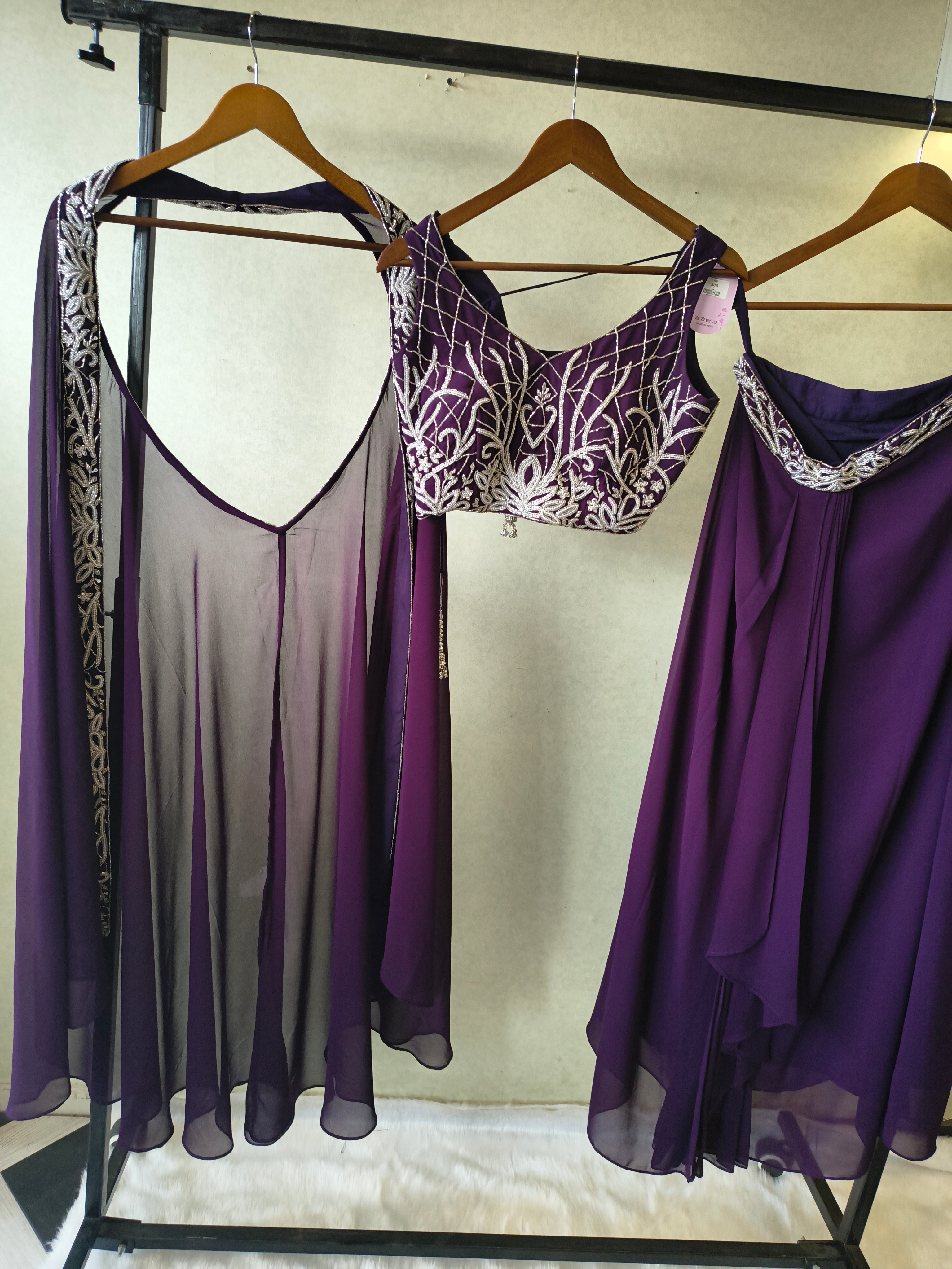Image of Royal Purple Embroidered Designer Blouse with Drape Palazzo & Embroidered Cape – 3 Piece Indo-Western Party Wear Set