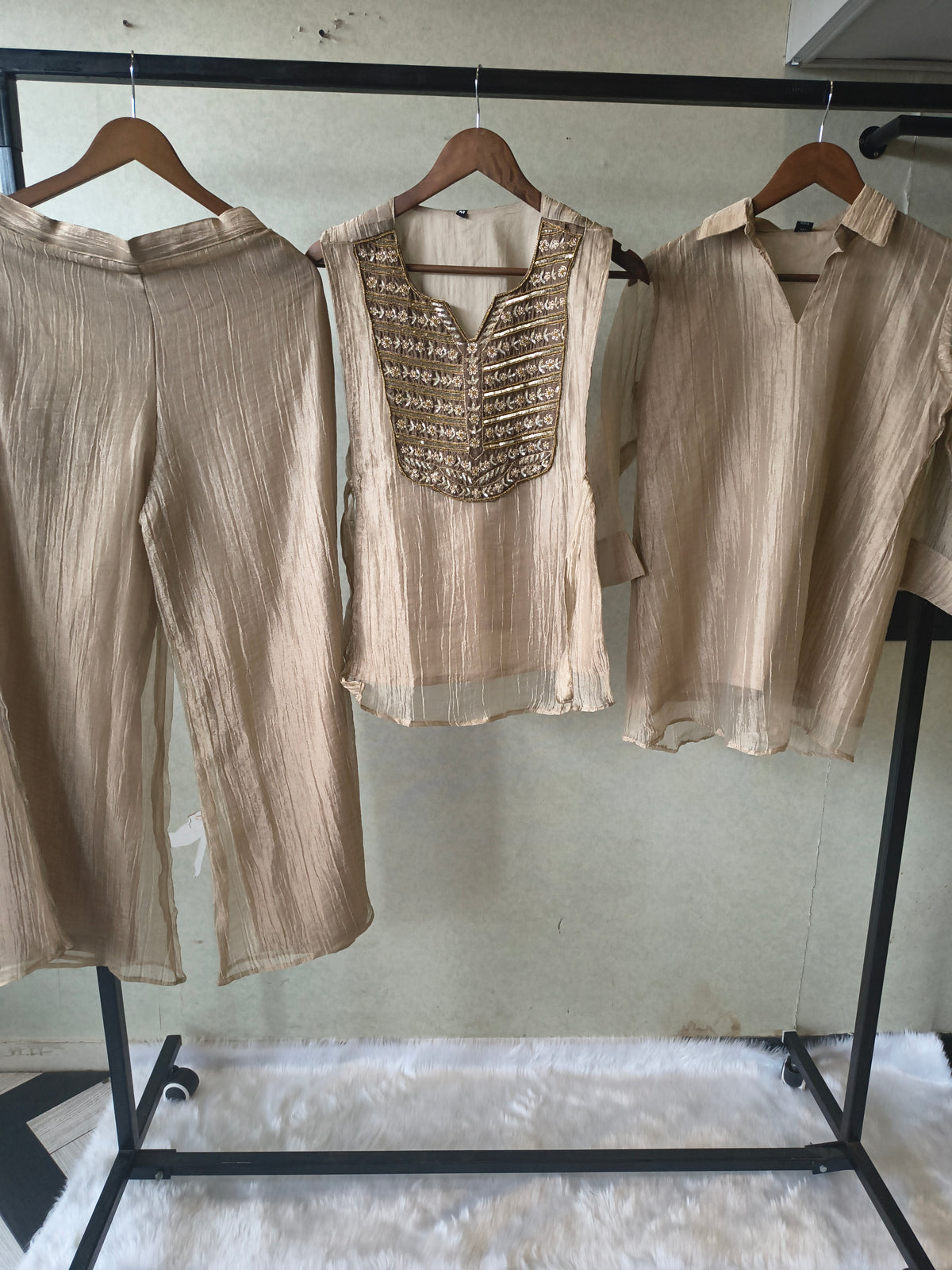 Premium Champagne Gold Tissue Silk 3-Piece Co-Ord Set with Antique Zari Embroidered Jacket, Inner & Palazzo