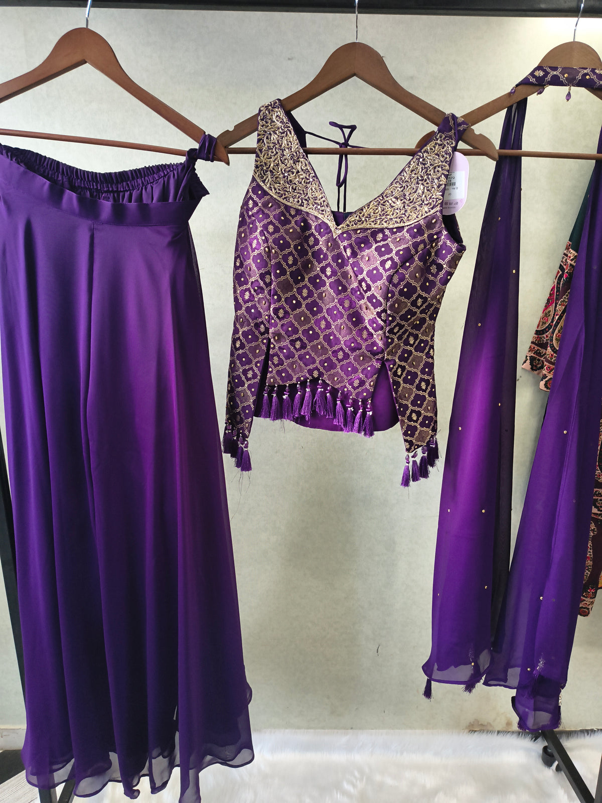 Royal Purple Brocade Blouse with Flared Palazzo & Embellished Choker Dupatta – 3 Piece Designer Indo-Western Set