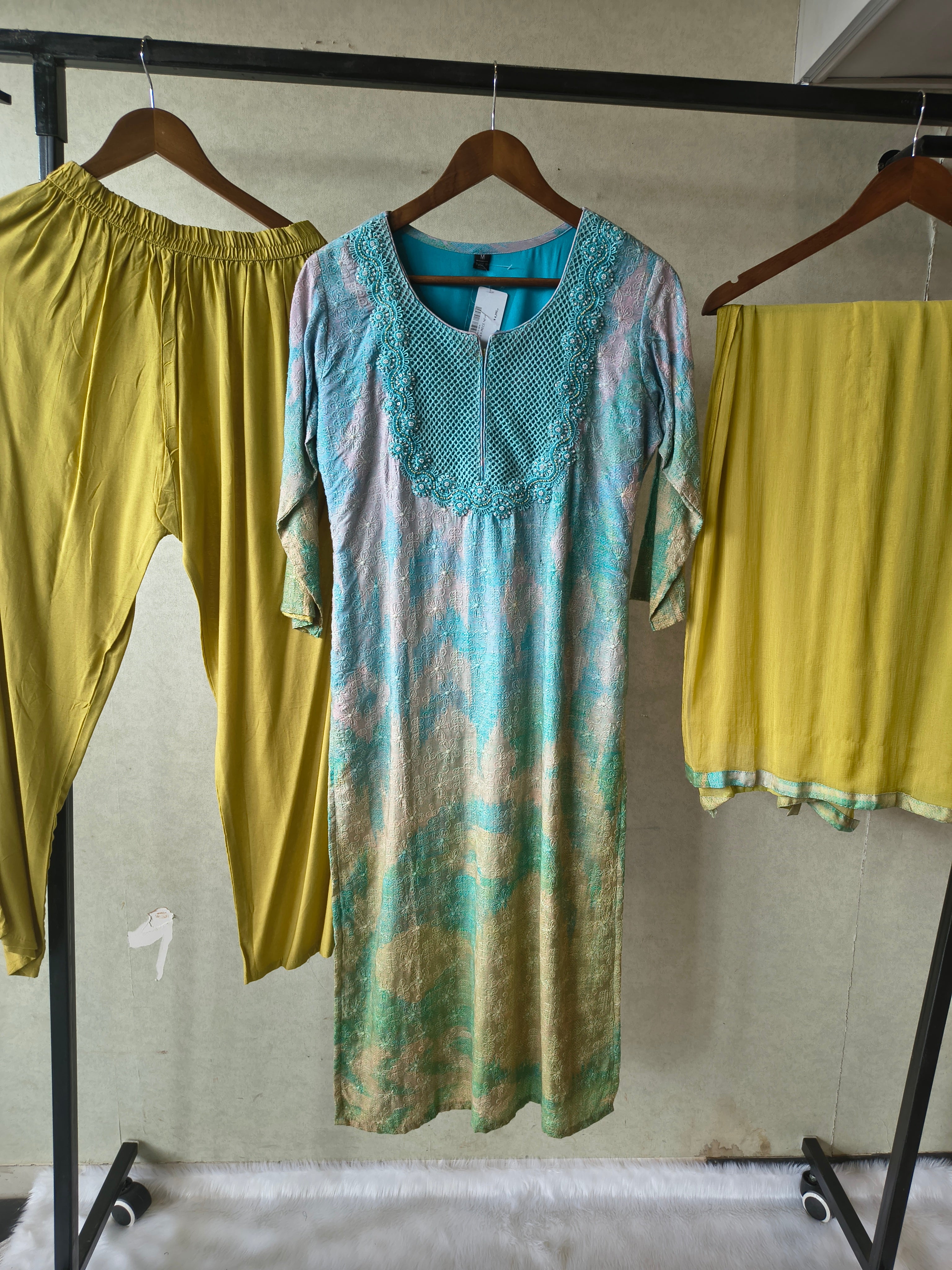 Image of Premium Aqua Blue Digital Printed Kurta Set with Embroidered Yoke & Solid Mustard Palazzo with Dupatta