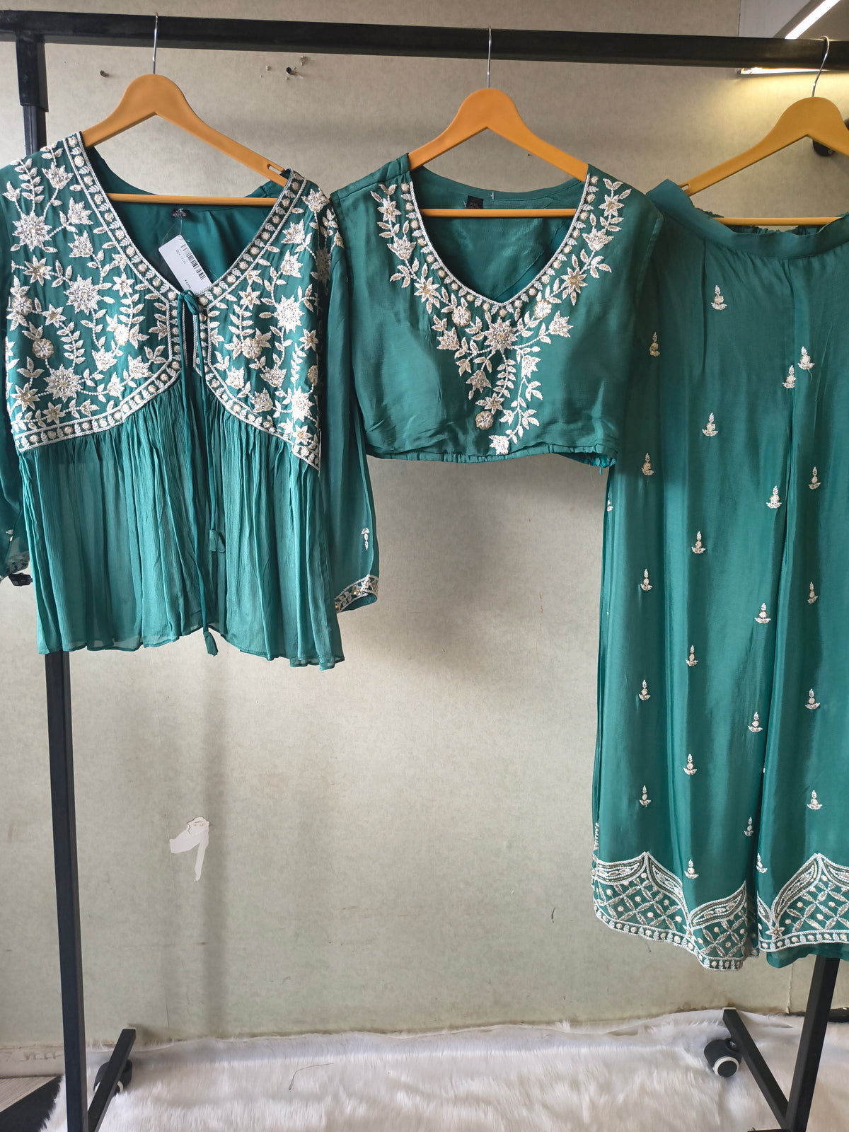 Emerald Green Embroidered Peplum Jacket with Blouse & Flared Palazzo – Designer 3 Piece Indo-Western Set