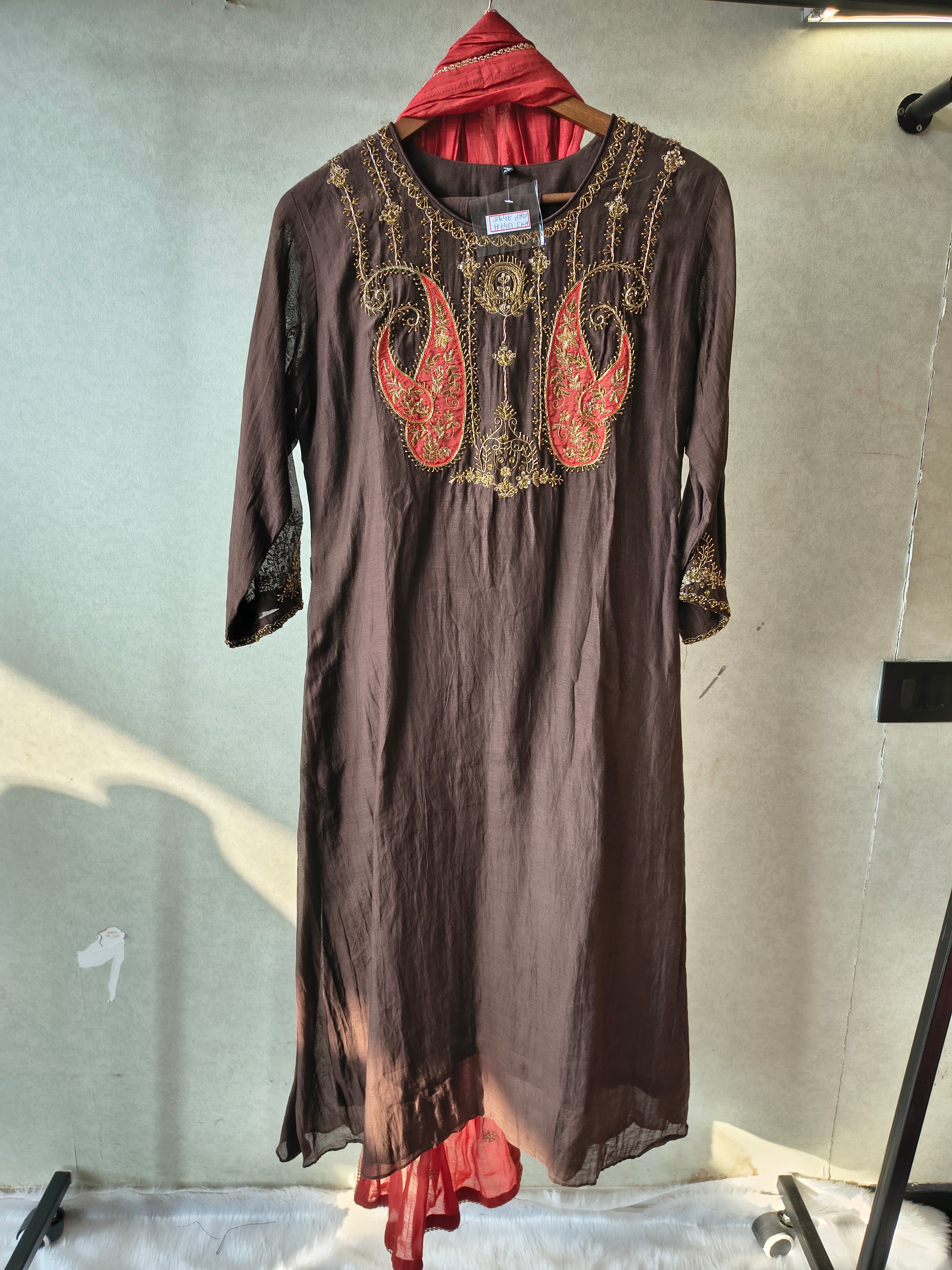 Image of Midnight Black Embroidered Straight Kurta Set with Statement Paisley Yoke, Contrast Crimson Dupatta & Premium 3 Piece Ethnic Ensemble