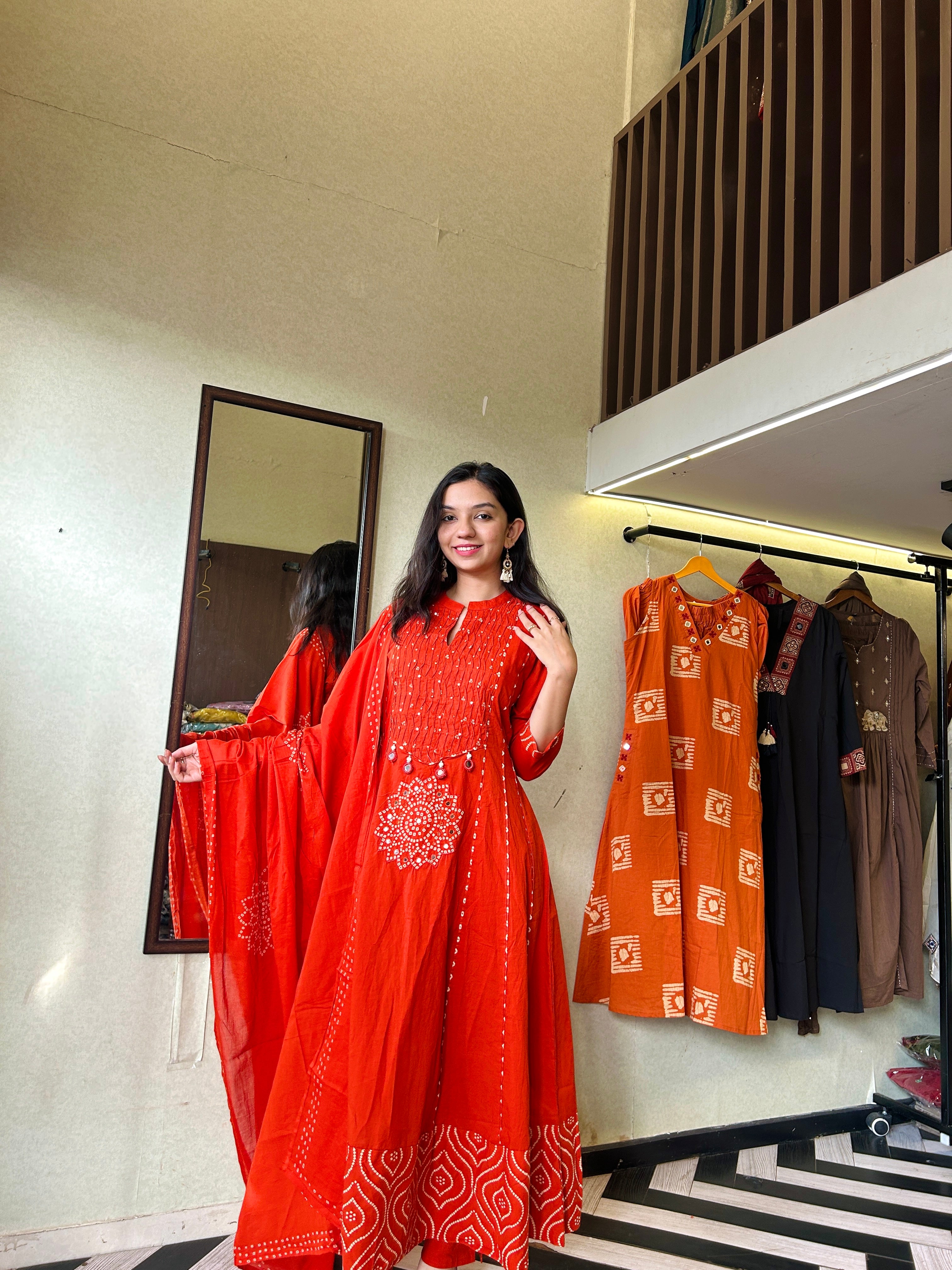 Image of Pure Mull Cotton Bandhani 3 Piece Anarkali Set