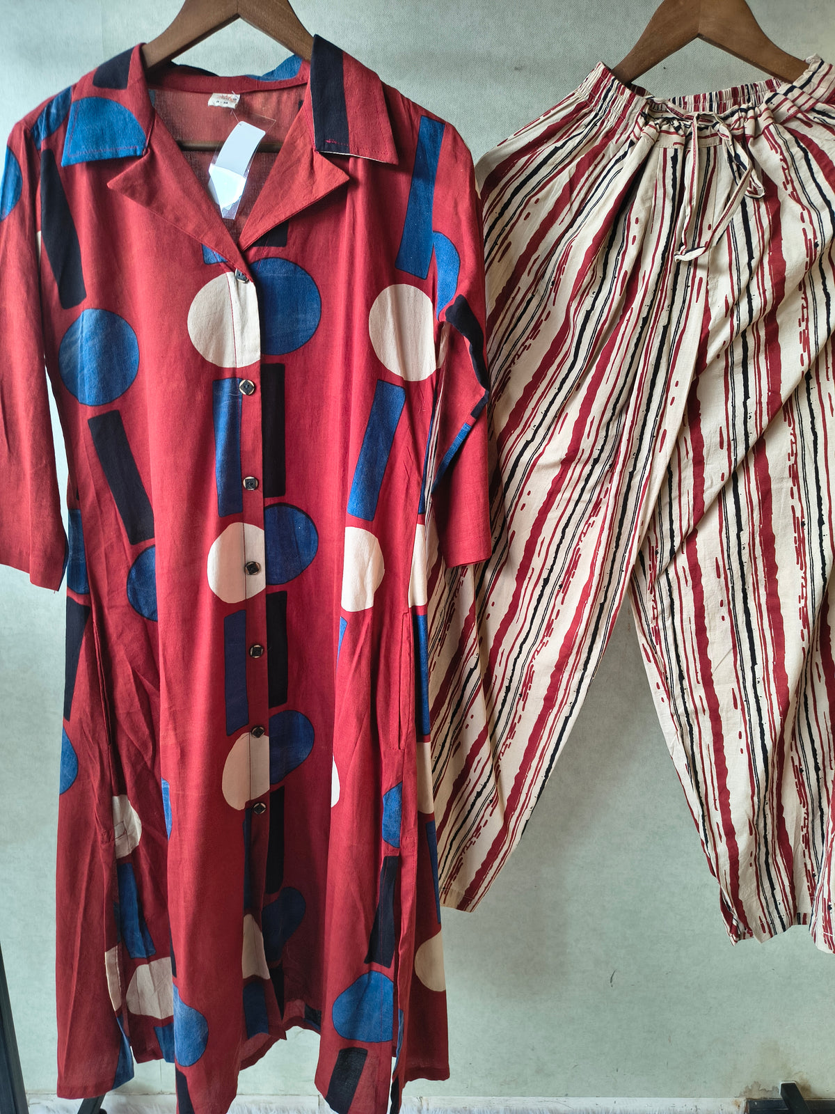 Premium Rust Red Abstract Printed Shirt Kurta with Striped Relaxed Pants Co-Ord Set