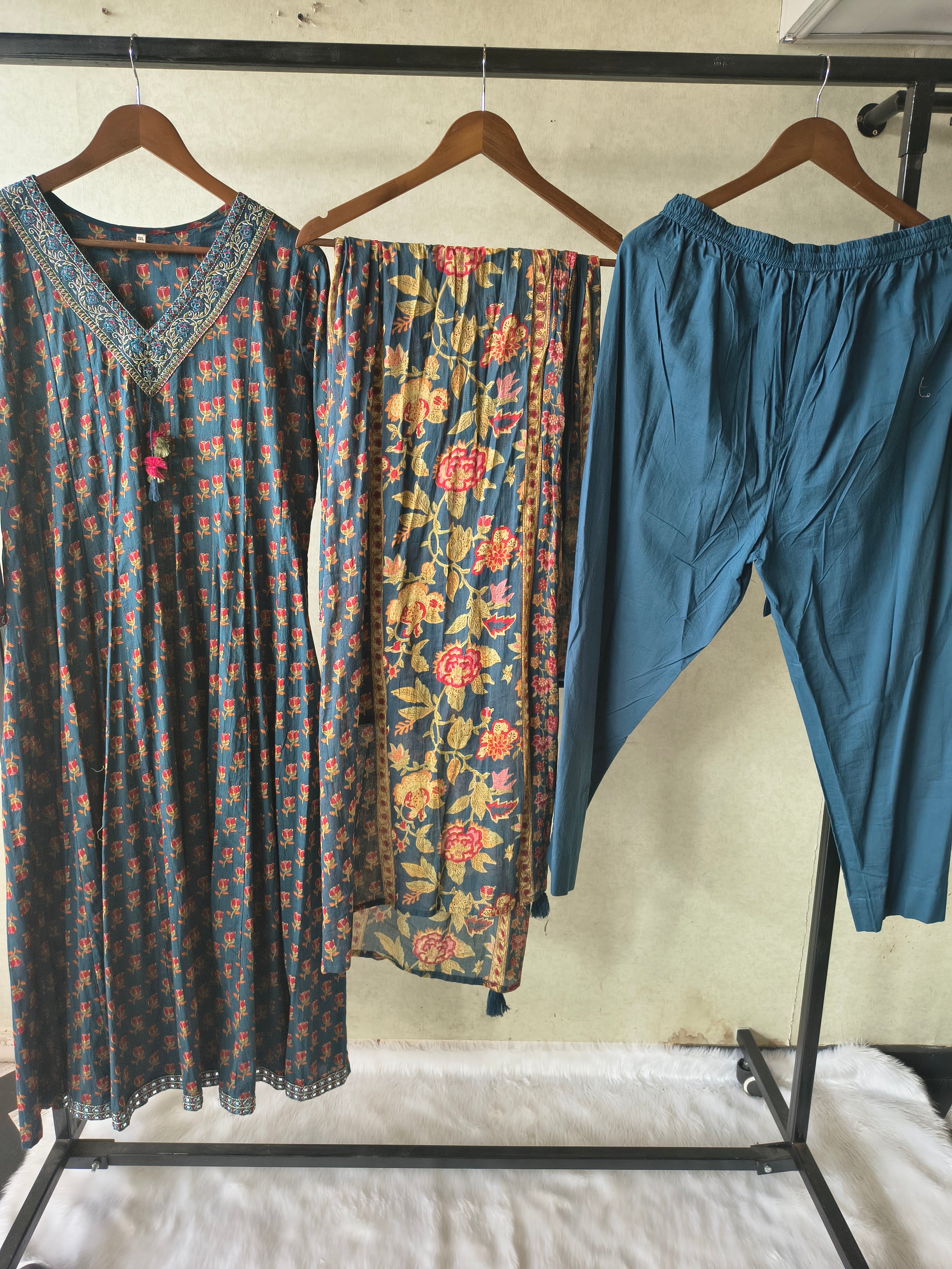 Image of Premium Teal Blue Floral Printed Anarkali Kurta Set with Embroidered V-Neck, Solid Pants & Designer Printed Dupatta