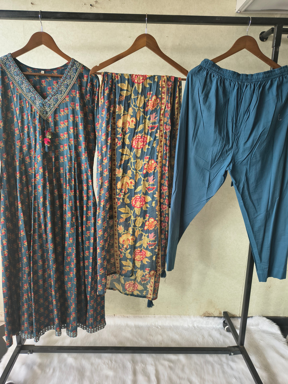 Premium Teal Blue Floral Printed Anarkali Kurta Set with Embroidered V-Neck, Solid Pants & Designer Printed Dupatta