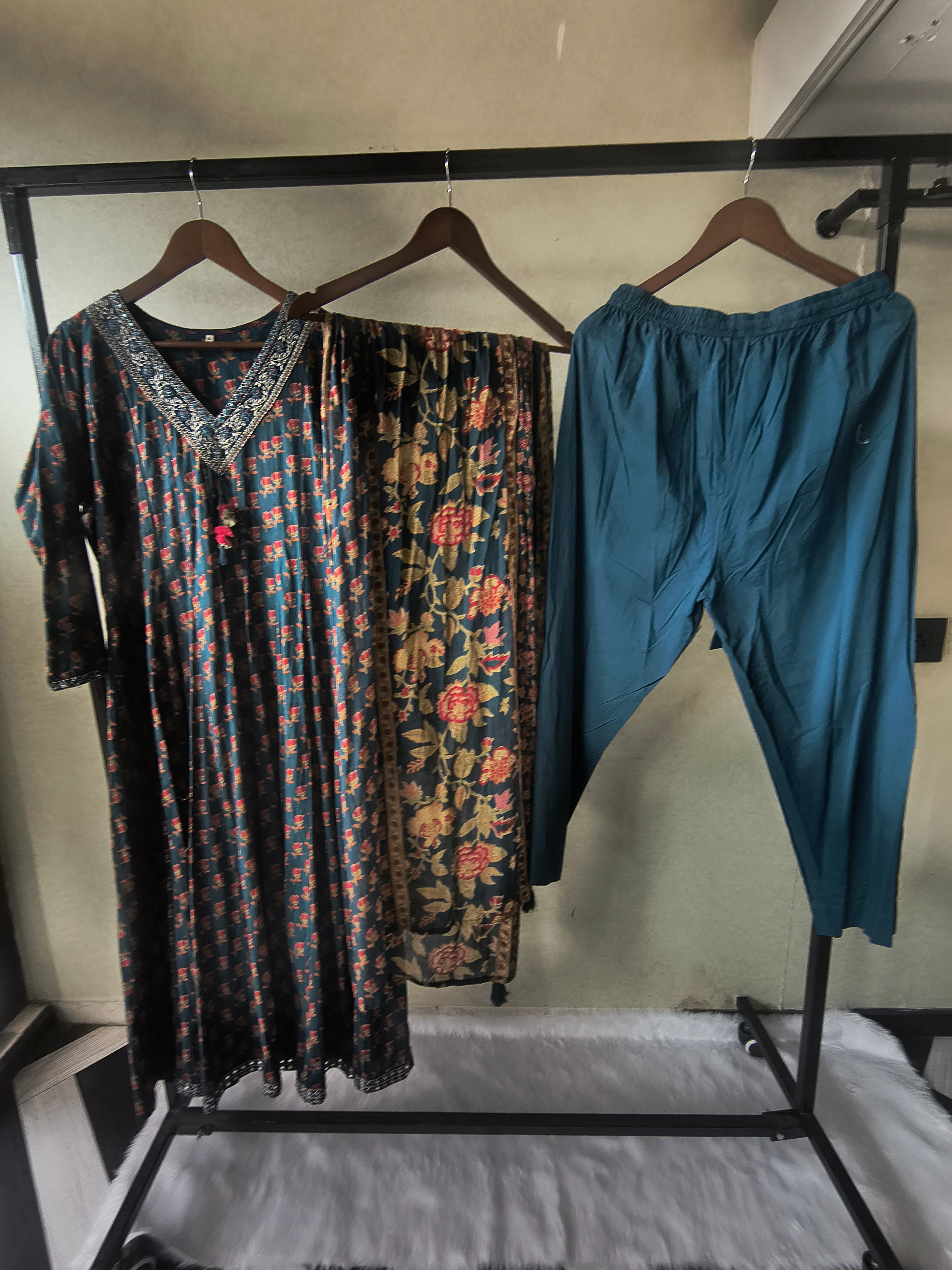 Image of Premium Teal Blue Floral Printed Anarkali Kurta Set with Embroidered V-Neck, Solid Pants & Designer Printed Dupatta