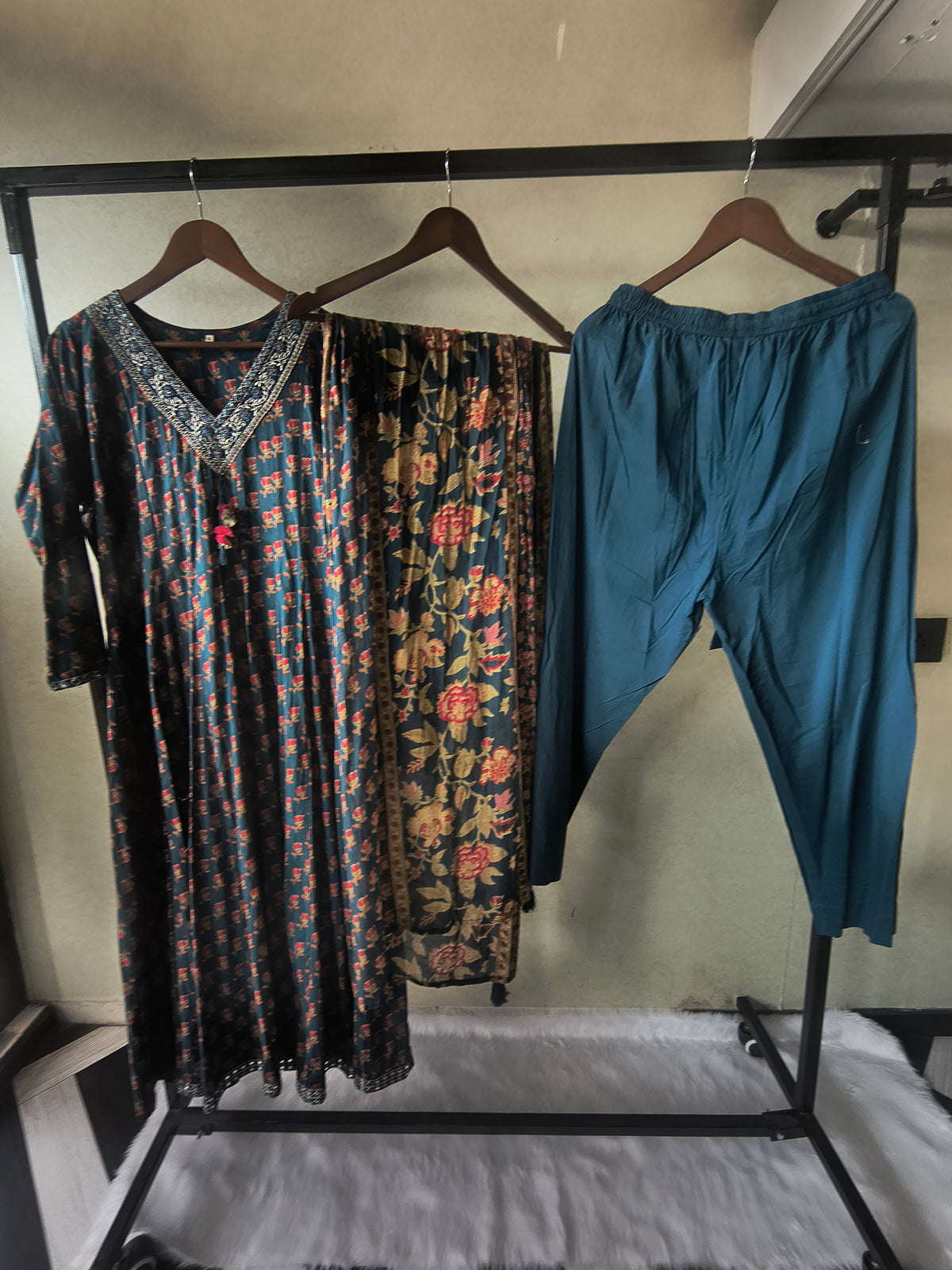 Premium Teal Blue Floral Printed Anarkali Kurta Set with Embroidered V-Neck, Solid Pants & Designer Printed Dupatta
