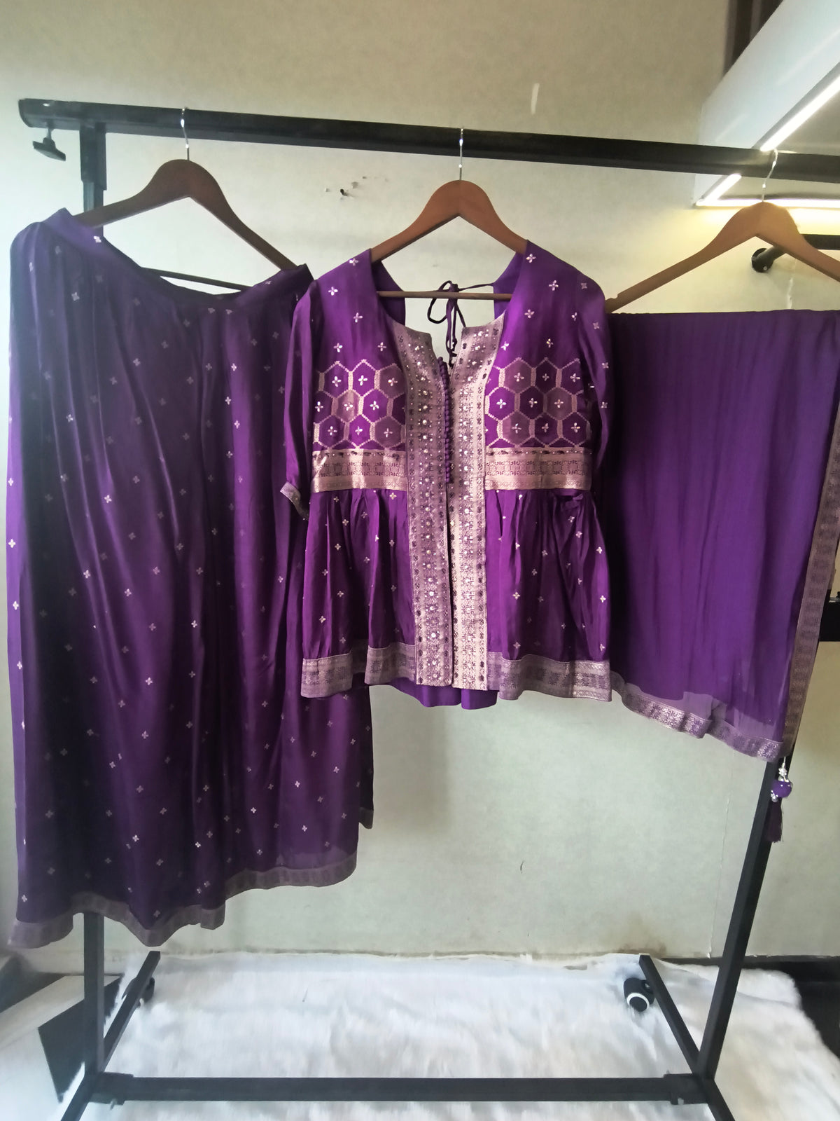 Royal Purple Tissue Silk Embroidered Peplum Jacket with Flared Palazzo & Designer Dupatta – 3 Piece Festive Indo-Western Set