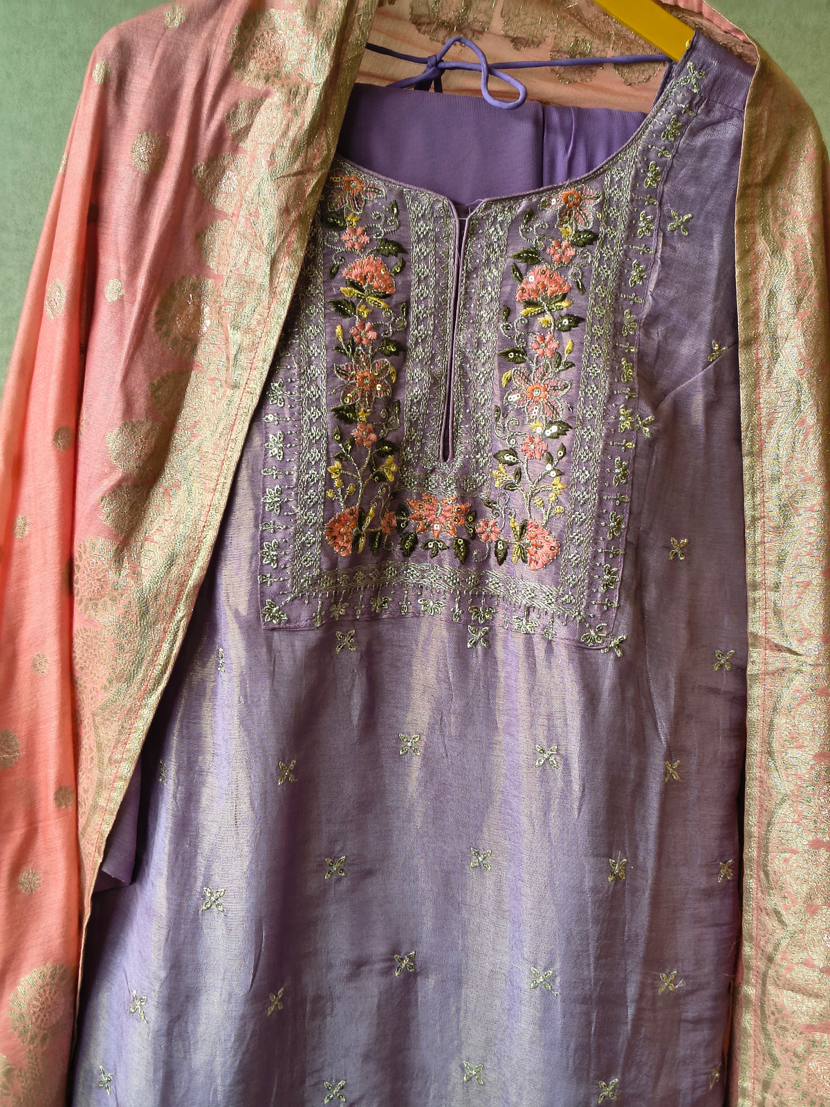 Premium Lavender Embroidered Kurta with Sharara & Banarasi Dupatta Set