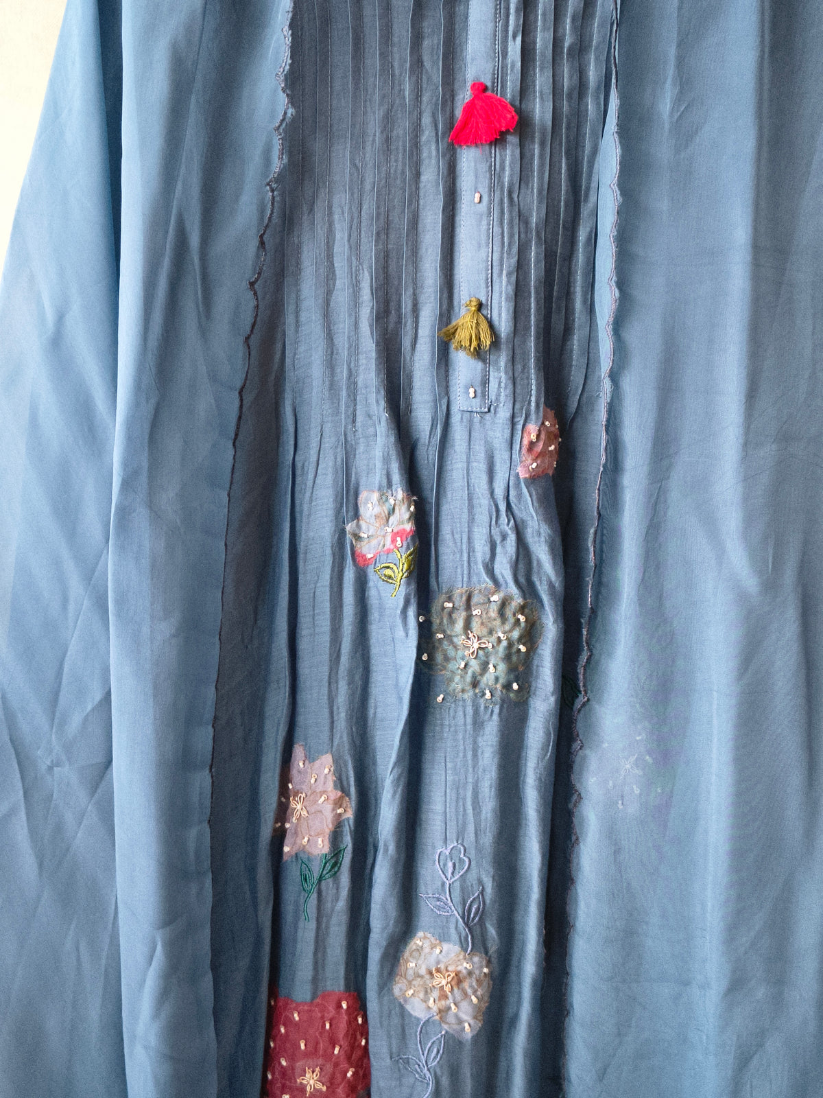 Premium Steel Blue Embroidered Straight Kurta with Dhoti Pants & Embroidered Organza Dupatta Set