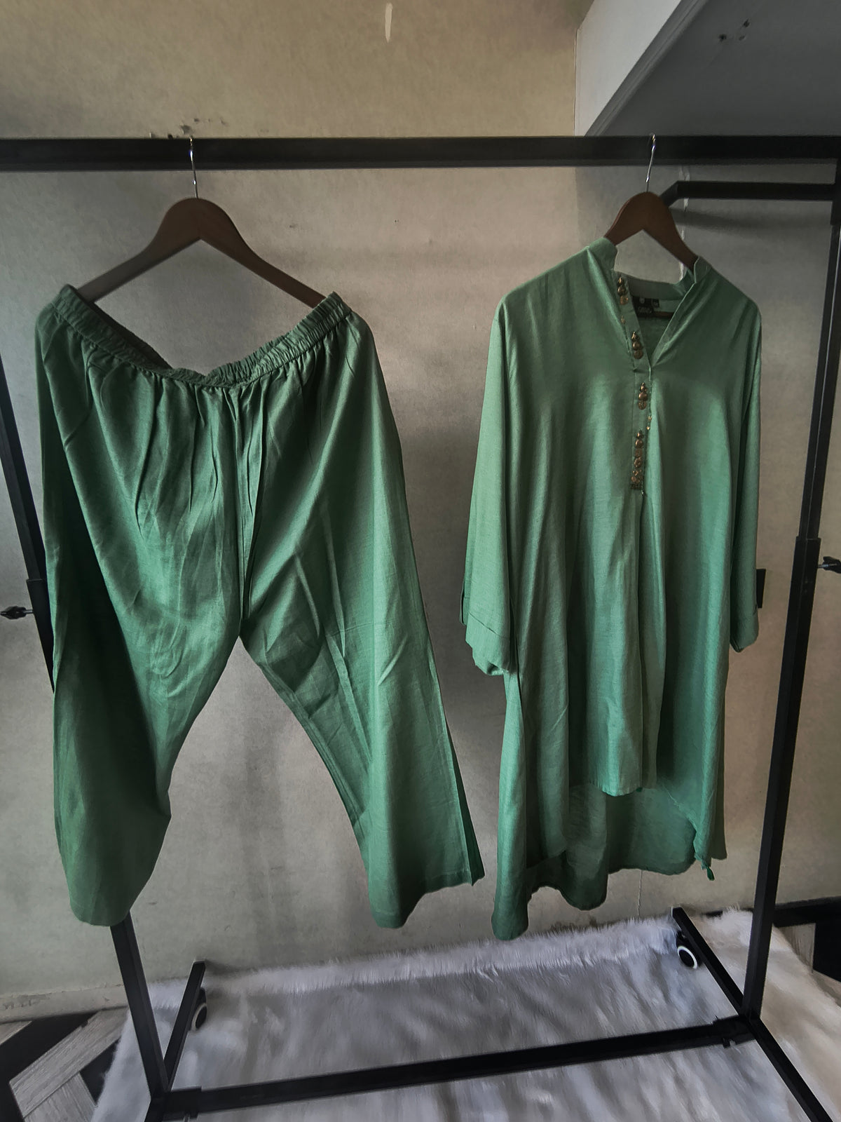 Premium Sage Green Designer Co-Ord Kurta Set with Antique Button Detailing