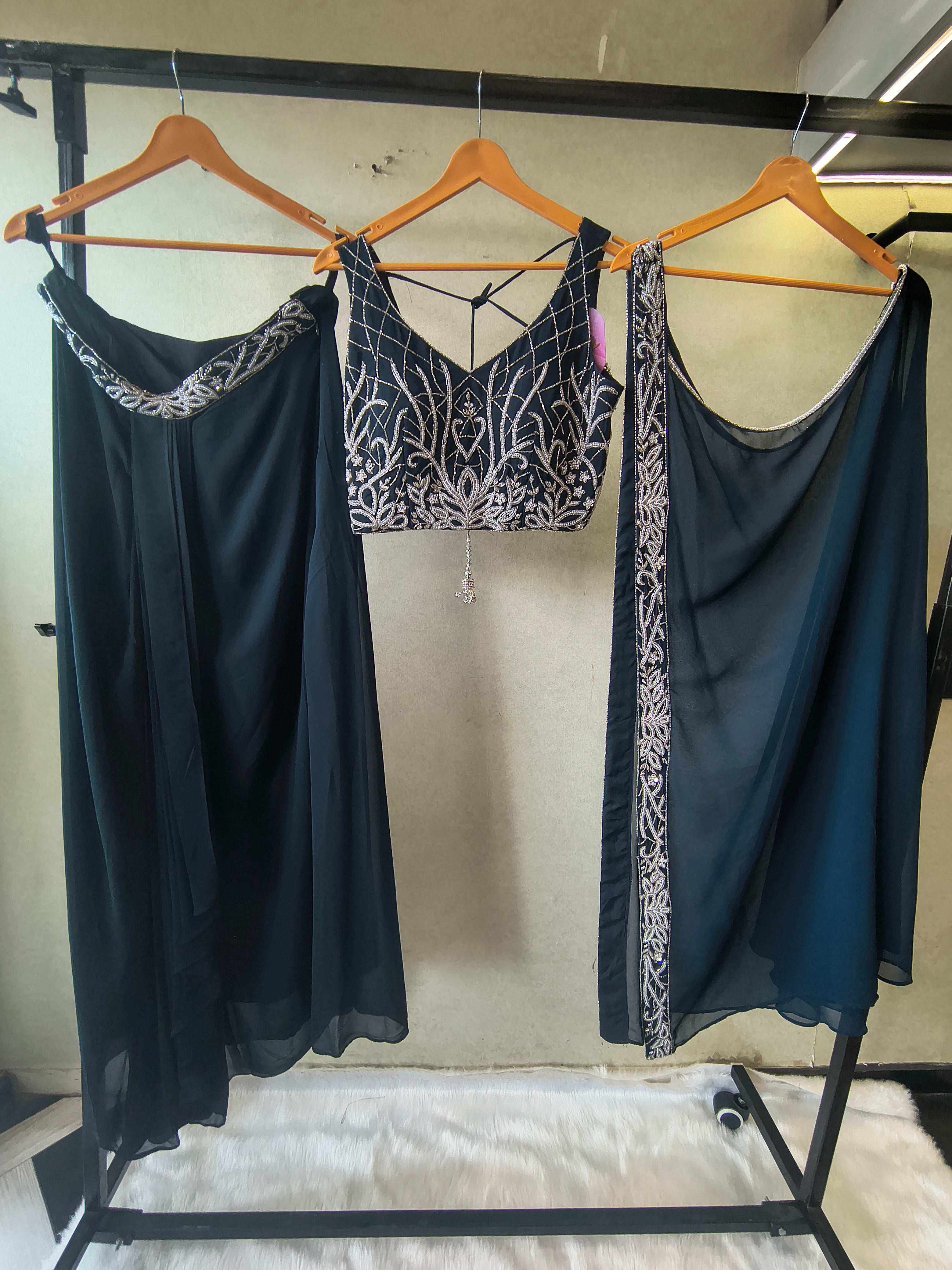 Image of Midnight Navy Embroidered Designer Blouse with Flared Palazzo & Embroidered Dupatta – 3 Piece Festive Indo-Western Set