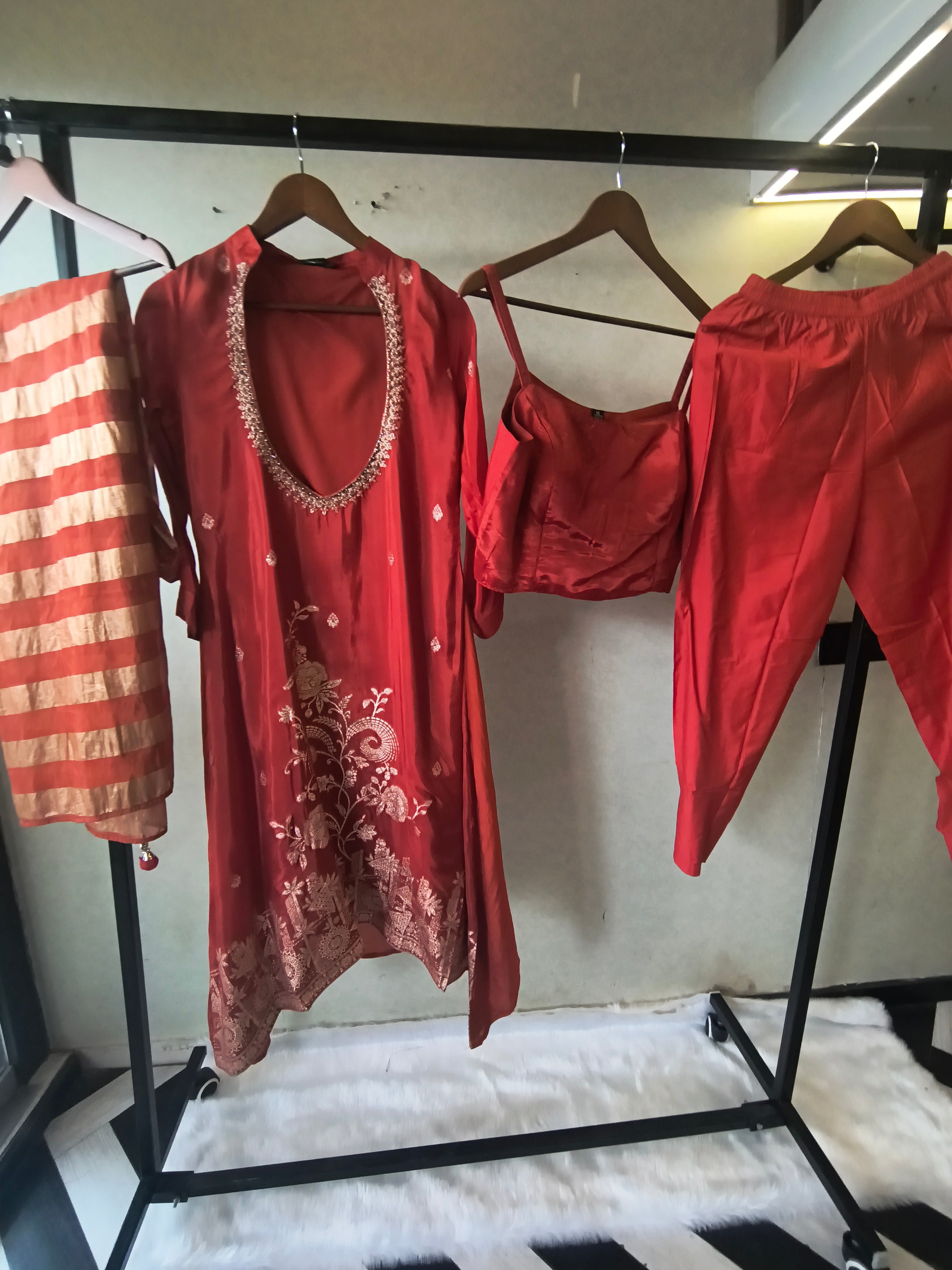 Image of Ruby Red Embroidered Asymmetrical Kurta with Inner, Cigarette Pants & Striped Dupatta – 4 Piece Designer Indo-Western Set