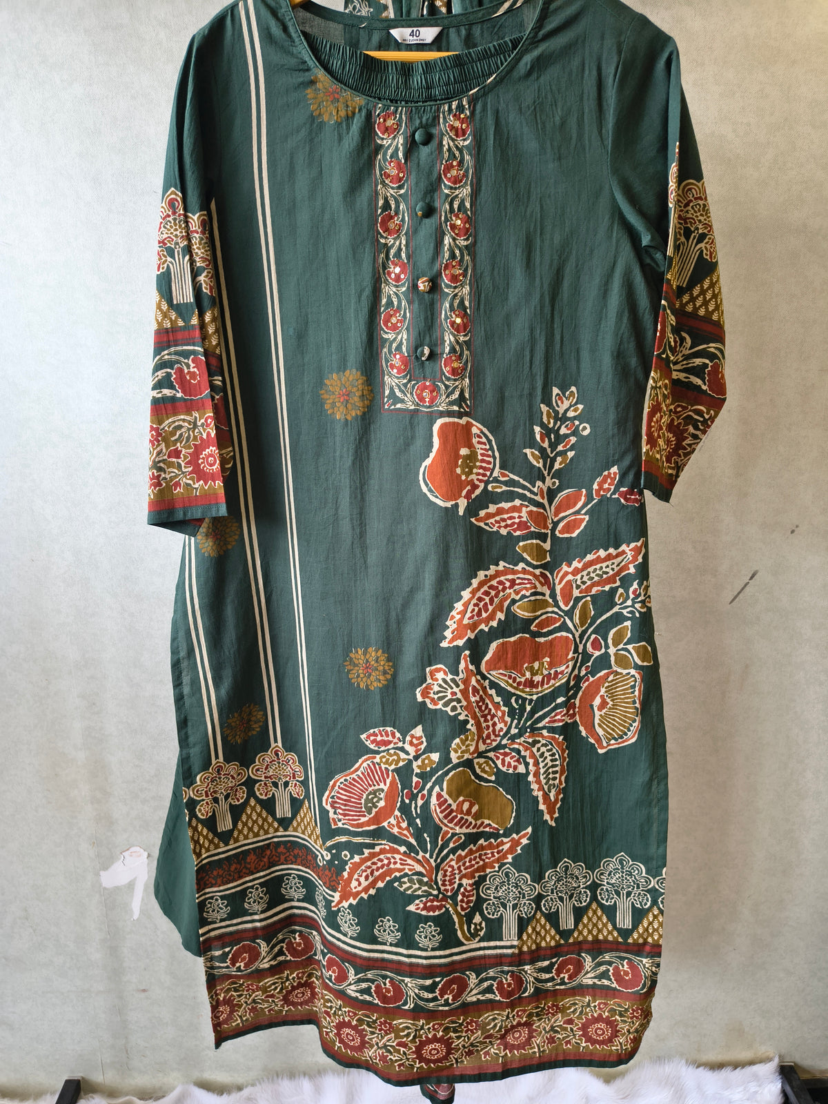 Emerald Green Floral Printed Three-Piece Cotton Kurta Set with Dupatta