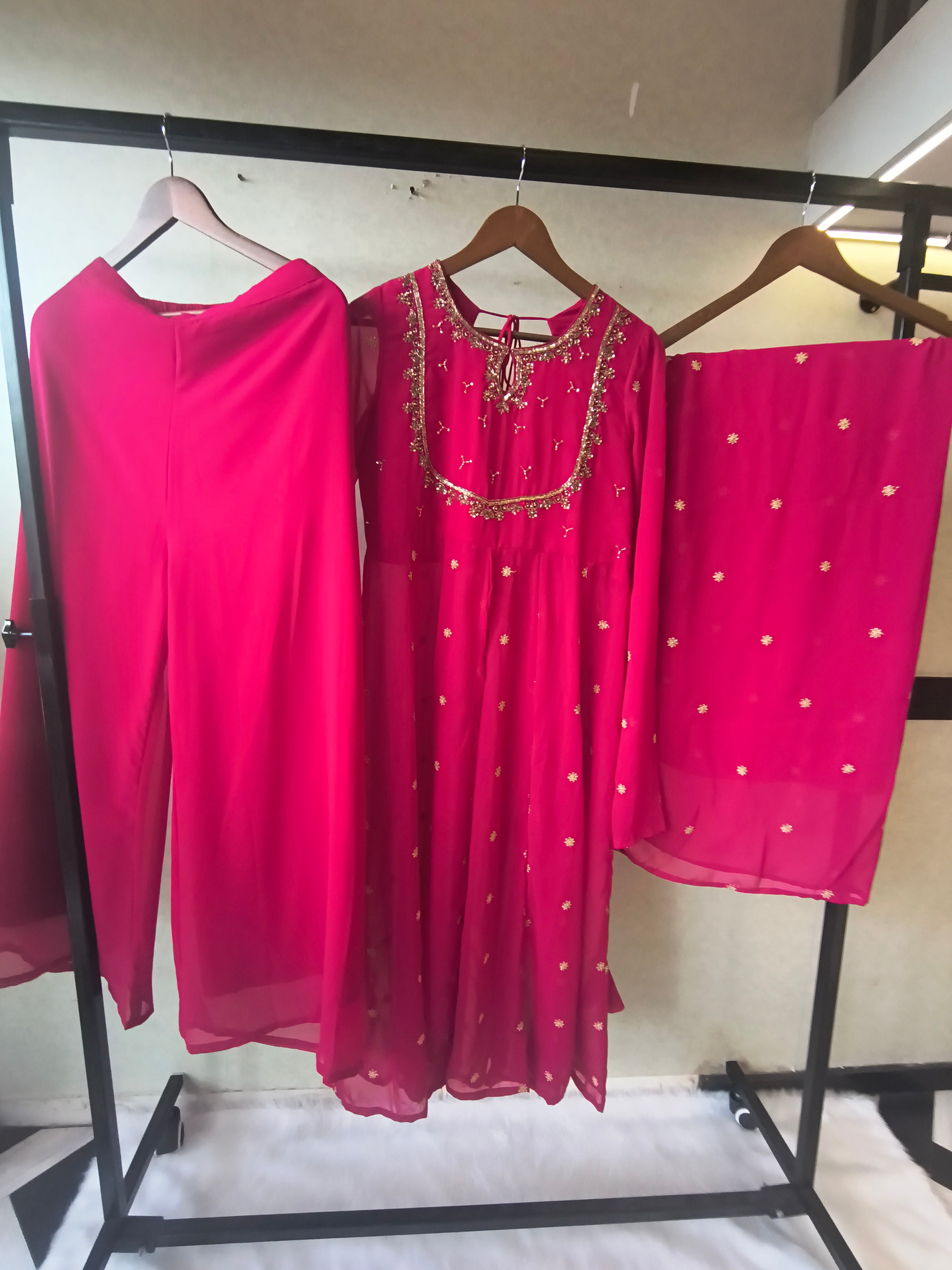 Image of Premium Fuchsia Pink Embroidered Kurta with Sharara & Embellished Dupatta Set