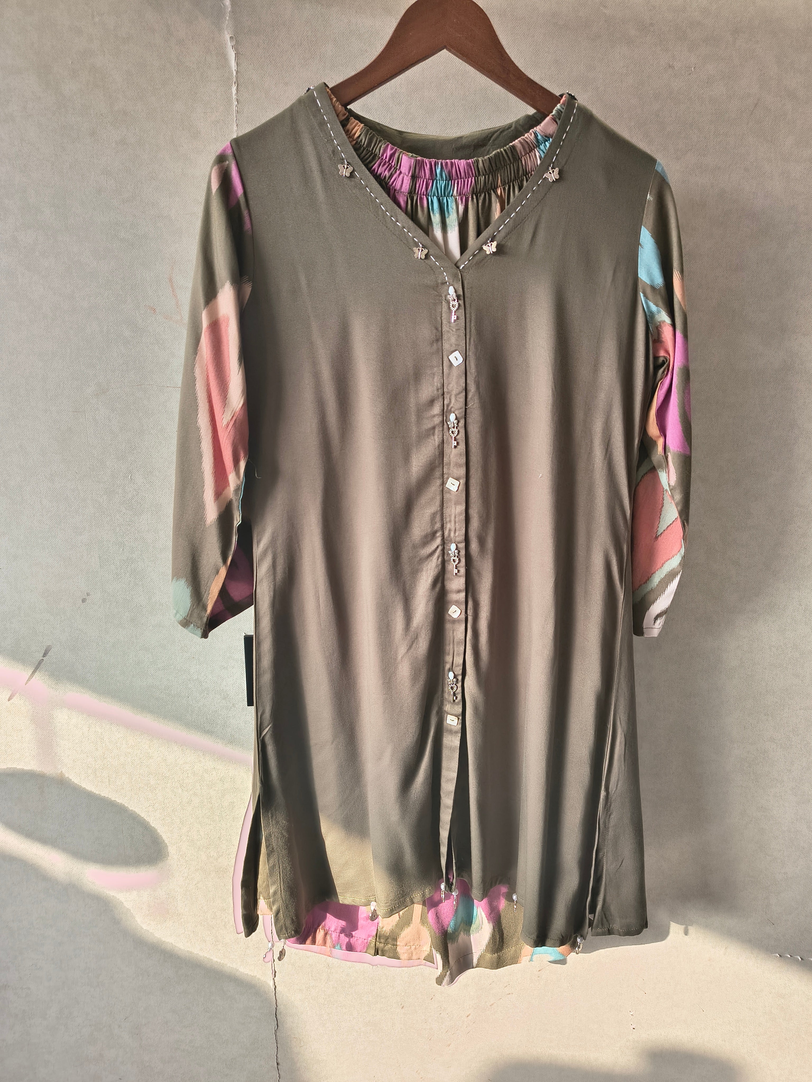 Image of Olive Green Designer Co-Ord Set with Abstract Printed Pants & Embellished Neckline