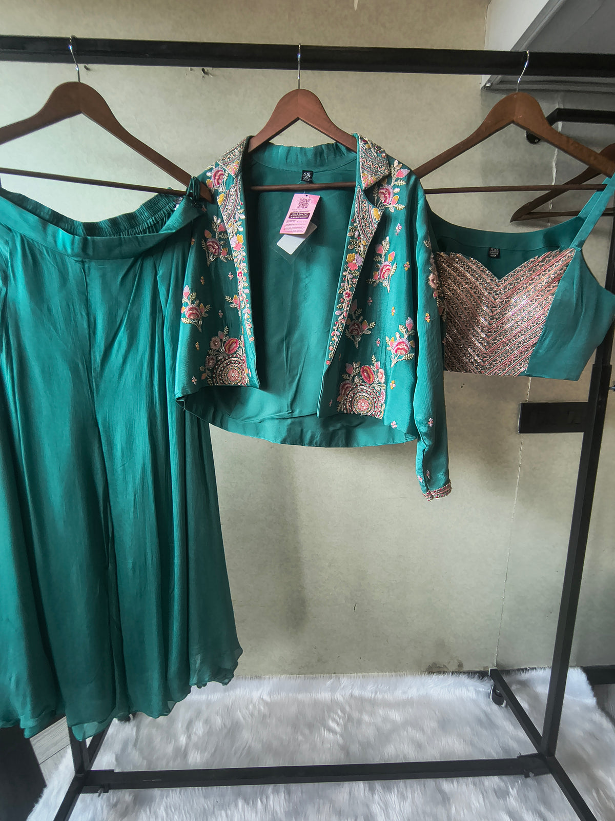 Premium Emerald Green 3-Piece Designer Palazzo Set with Heavy Embroidered Jacket & Sequins Blouse