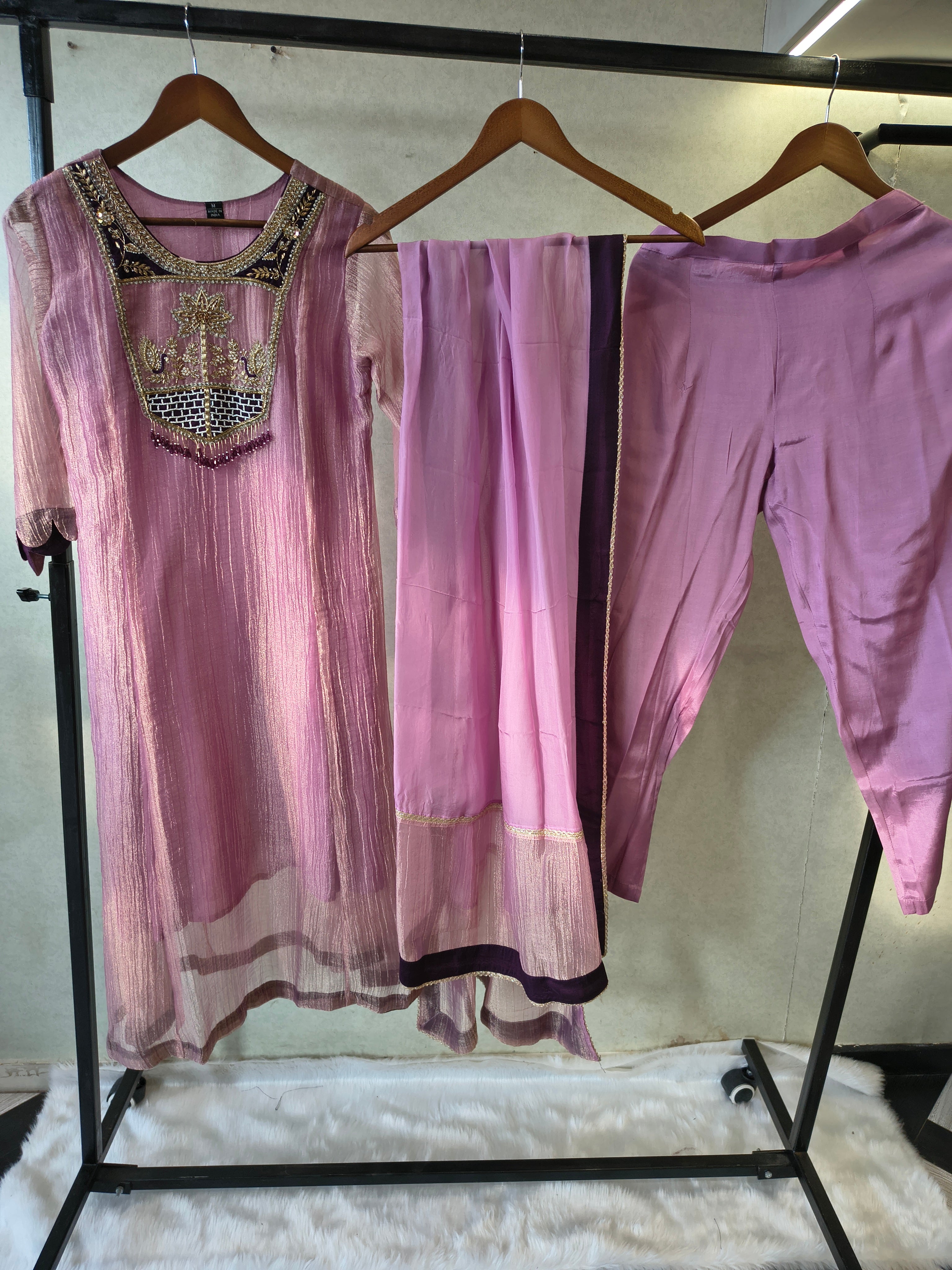 Image of Lavender Embroidered Anarkali Kurta Set with Handcrafted Statement Yoke & Organza Dupatta | Premium 3 Piece Ethnic Ensemble