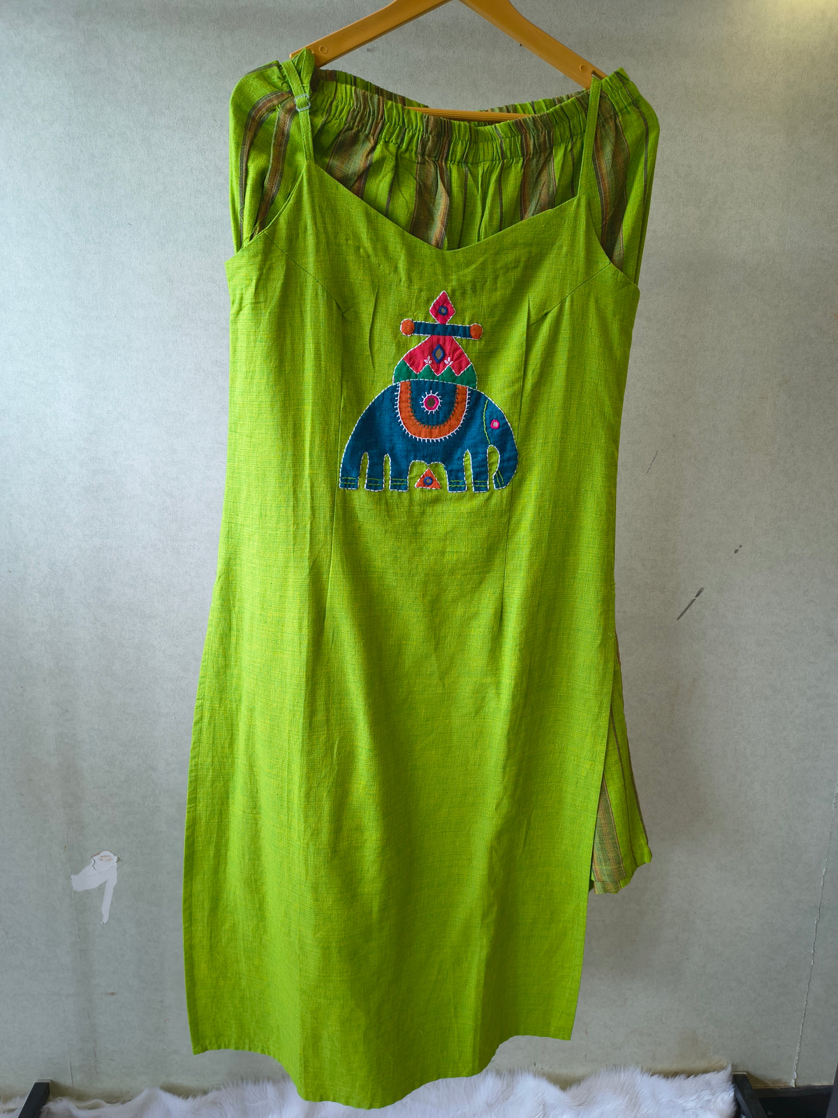 Lime Green Sleeveless Cotton Kurta Set with Tribal Elephant Appliqué & Striped Straight Pants