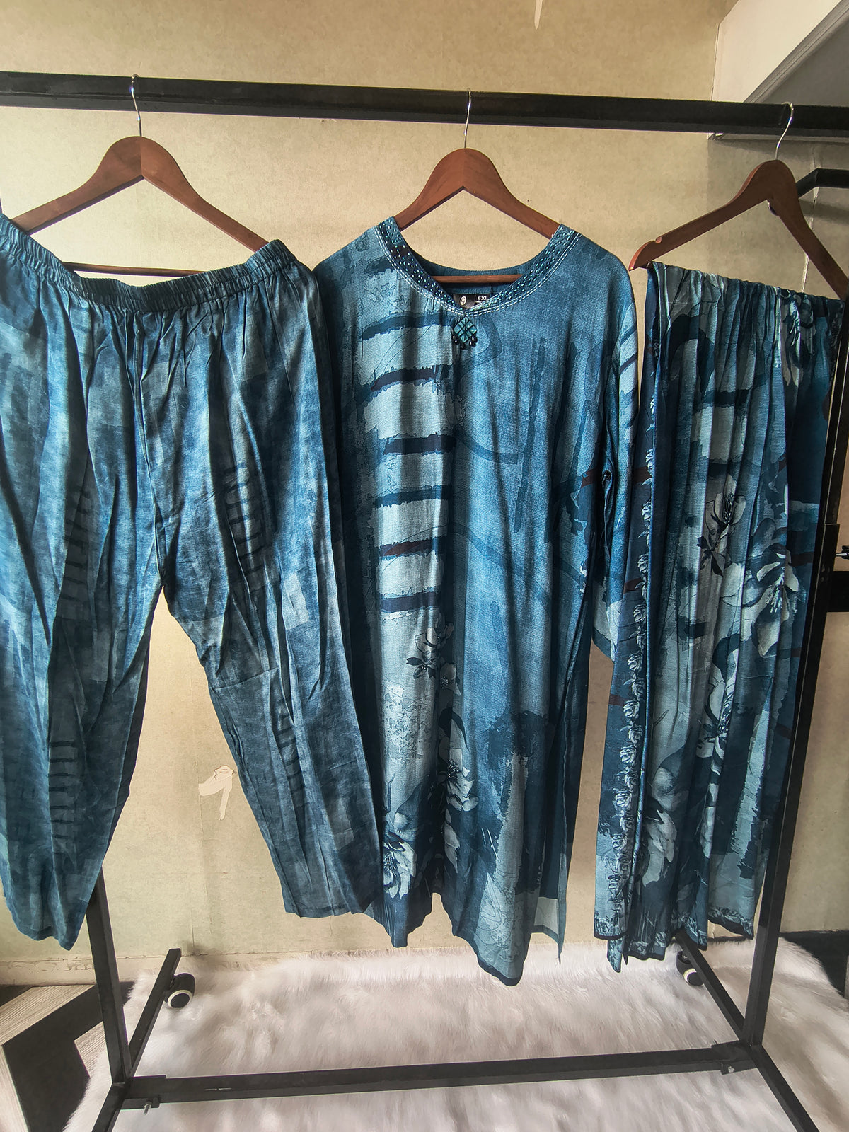Premium Teal Blue Abstract Printed Kurta Set with Pants & Dupatta