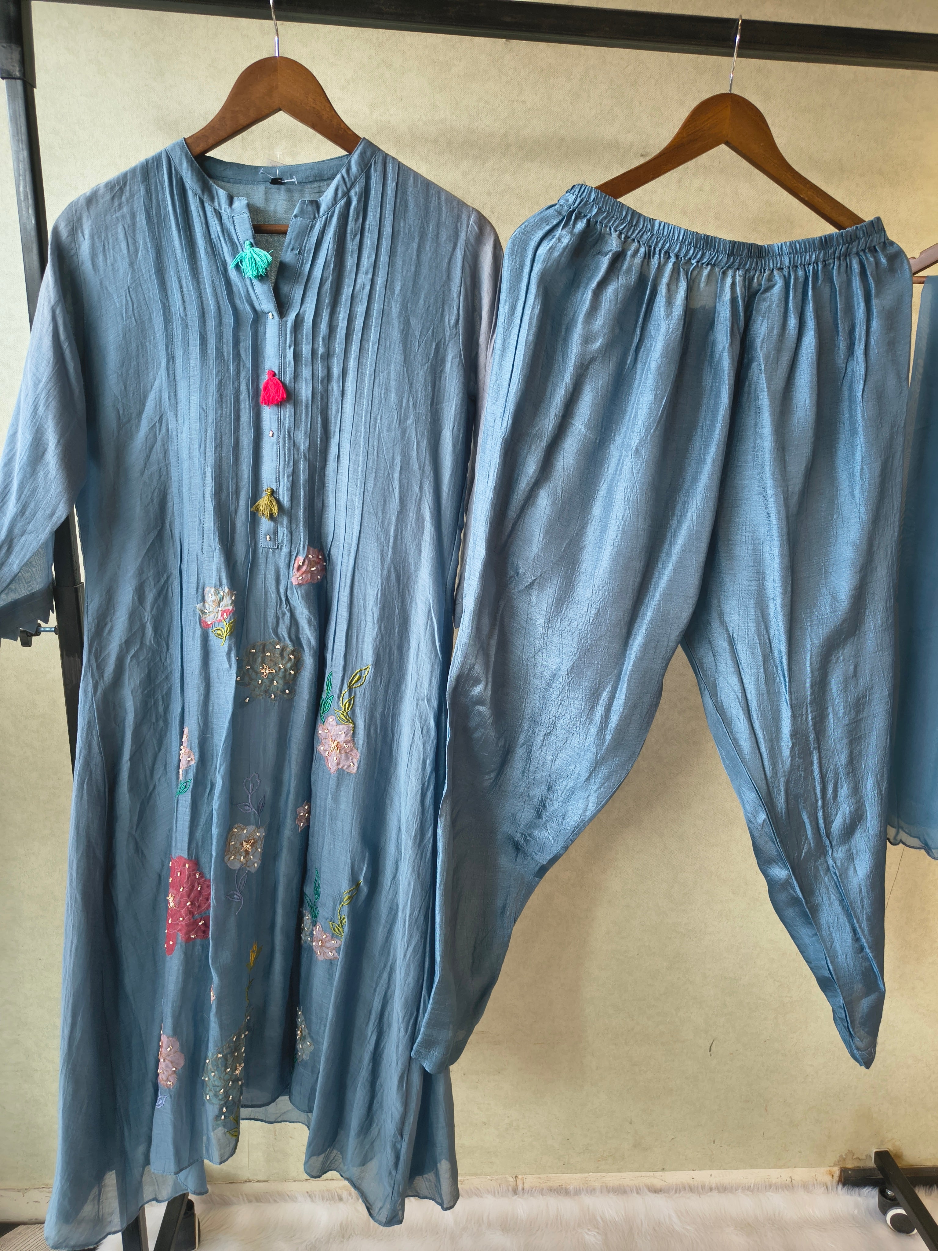 Image of Premium Steel Blue Embroidered Straight Kurta with Dhoti Pants & Embroidered Organza Dupatta Set