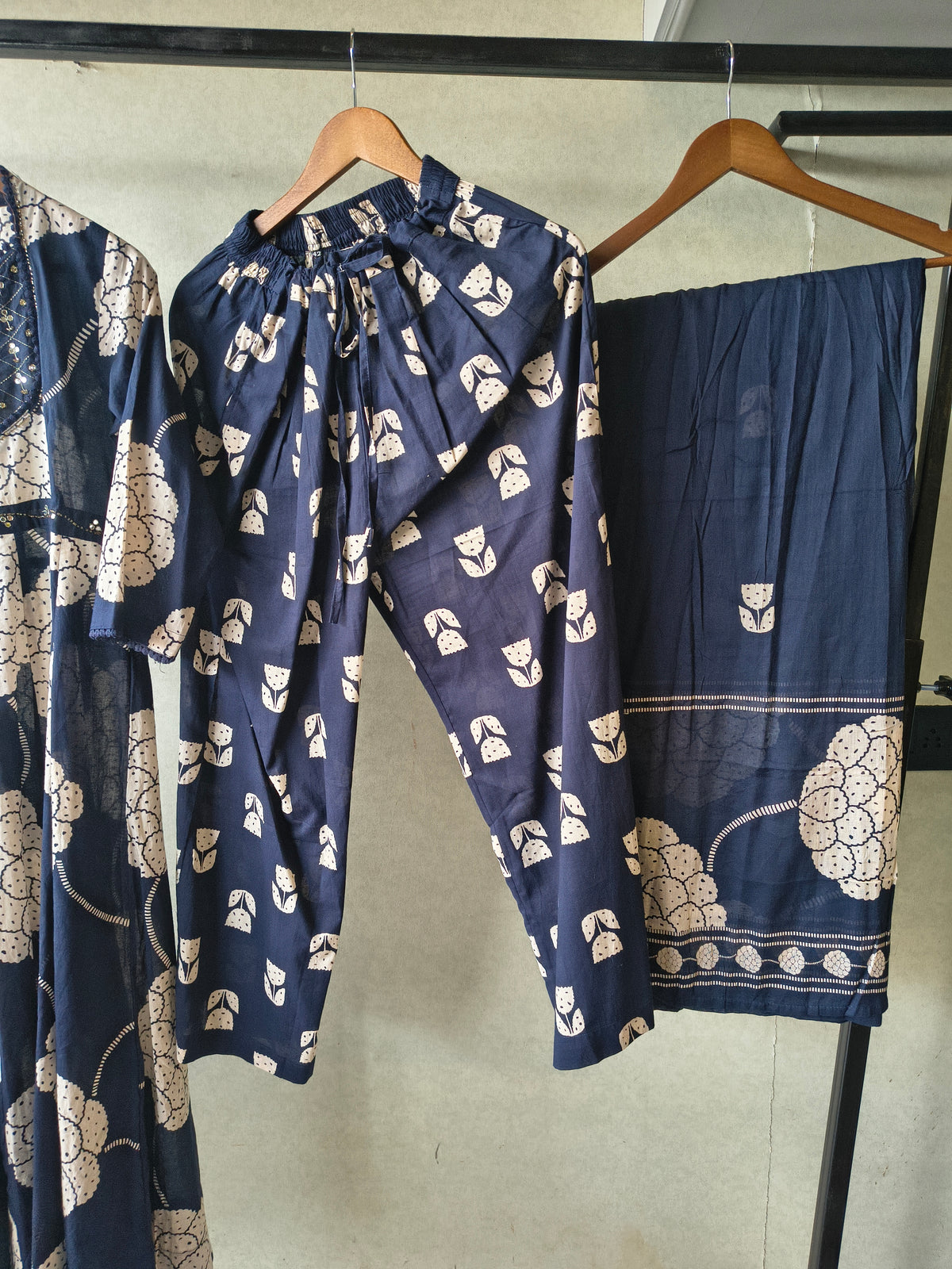 Premium Navy Blue Handblock Printed Cotton Anarkali Suit Set with Printed Pants & Dupatta