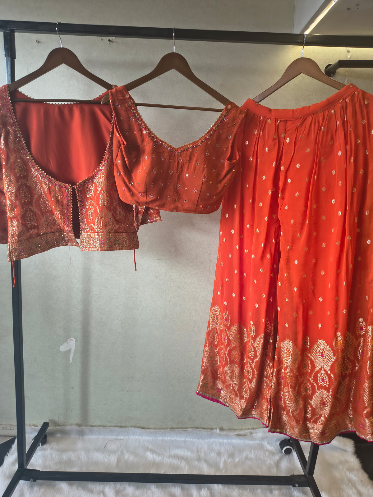Rust Orange Banarasi Embroidered Lehenga Set with Handworked Blouse & Embellished Blouse – Designer 3 Piece Festive Ensemble