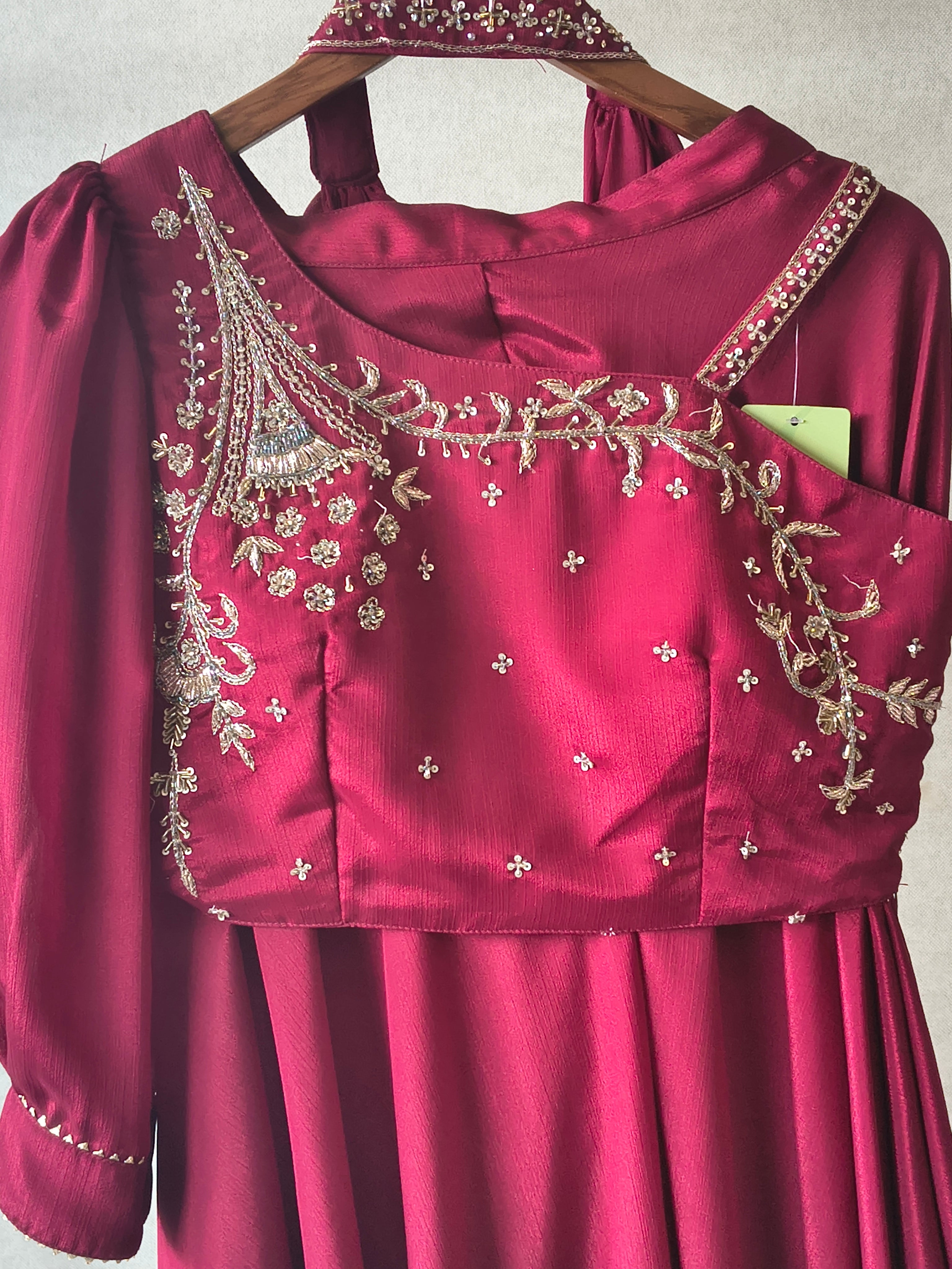 Image of Premium Wine Satin Silk 3-Piece Lehenga Set with Hand Embroidered One-Shoulder Blouse & Dupatta