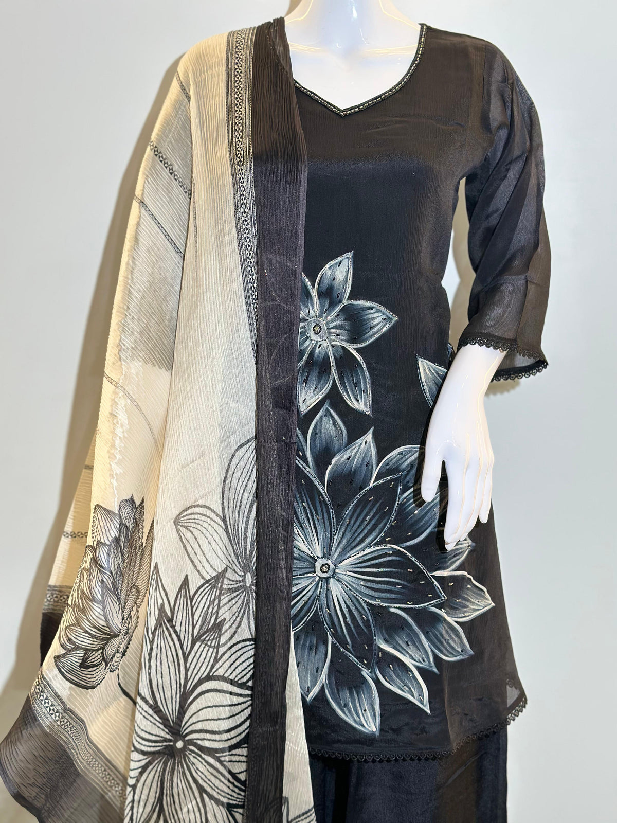 Pastel Pure Silk 3 Piece Kurti Set with Hand work