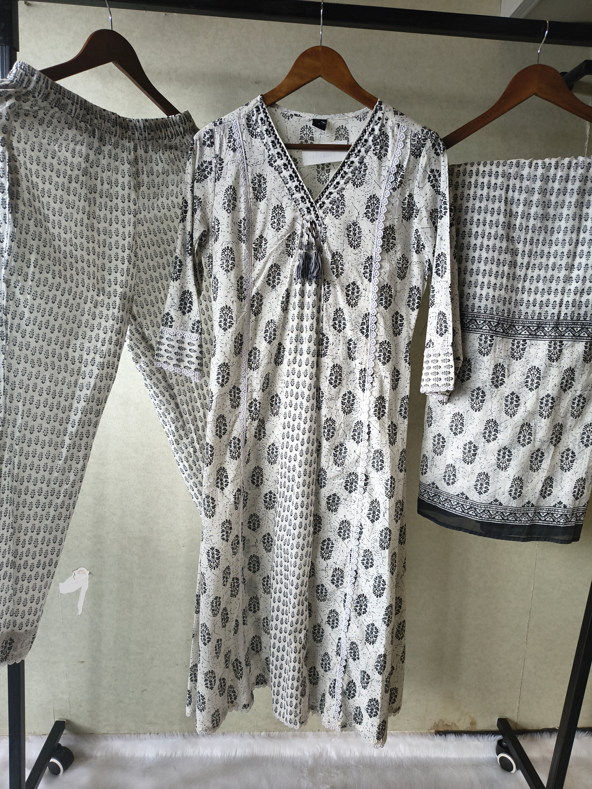 Premium Black & White Hand Block Printed Cotton Anarkali Kurta Set with Printed Pants & Dupatta