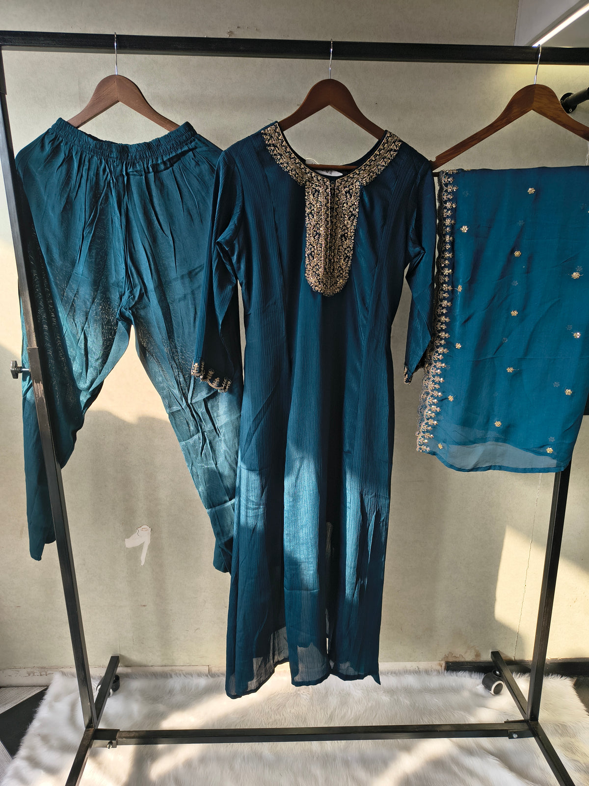 Premium Teal Blue Embroidered Straight Kurta with Salwar Pants & Embellished Dupatta Set