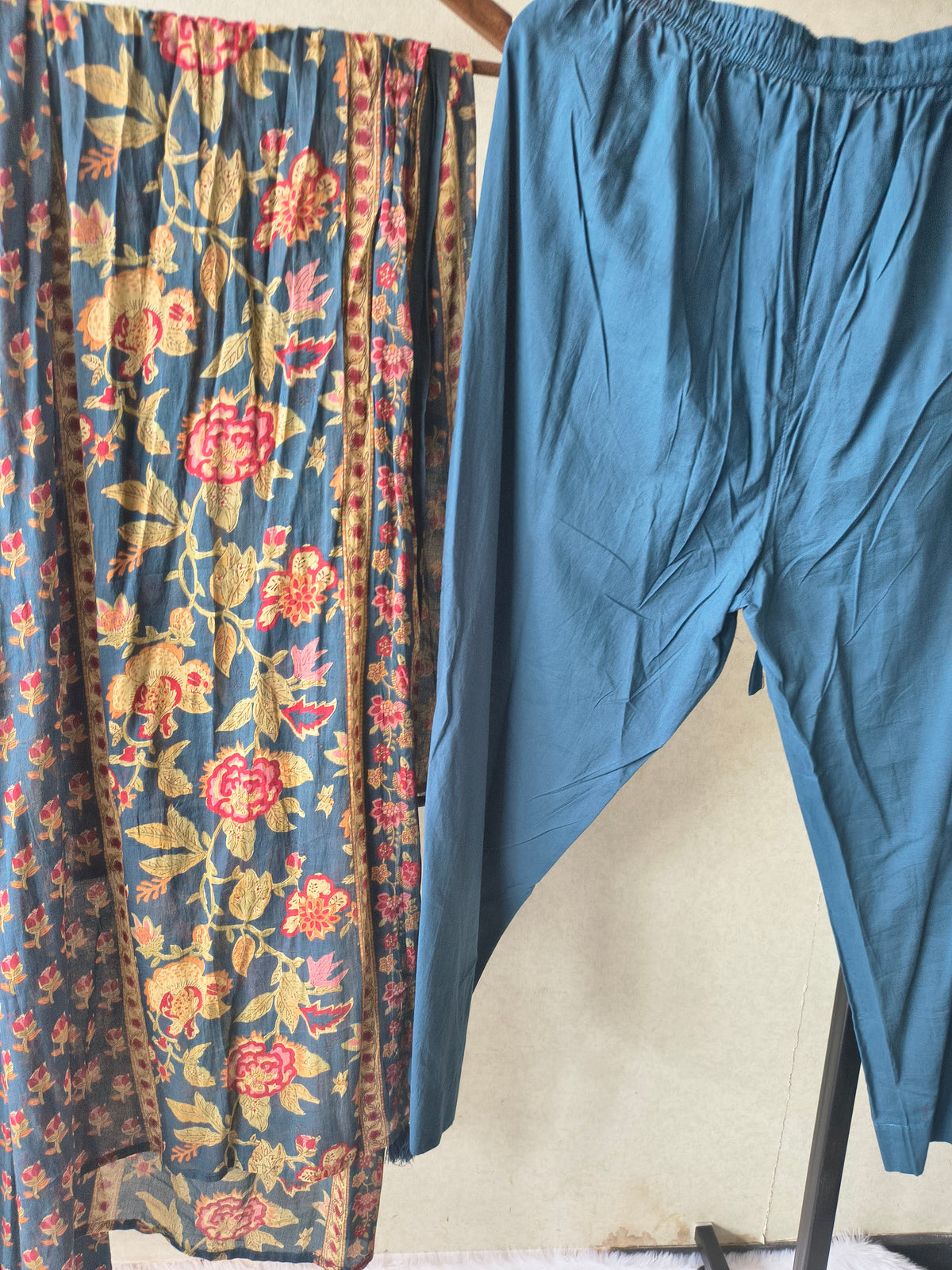 Premium Teal Blue Floral Printed Anarkali Kurta Set with Embroidered V-Neck, Solid Pants & Designer Printed Dupatta