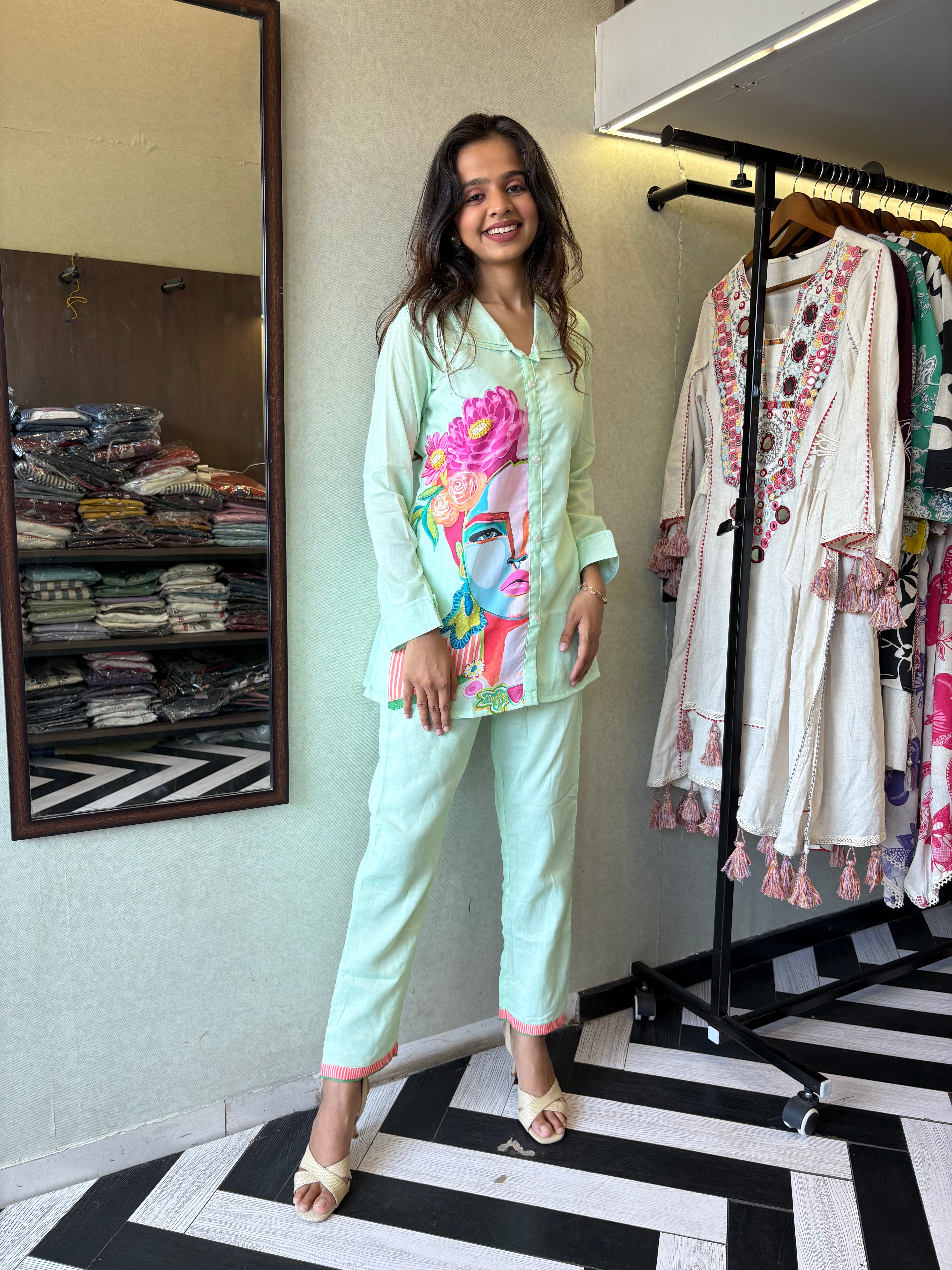 Image of Pure cotton 2-piece coord set in soothing pista color - designed with elegant prints and made for all-day comfort.