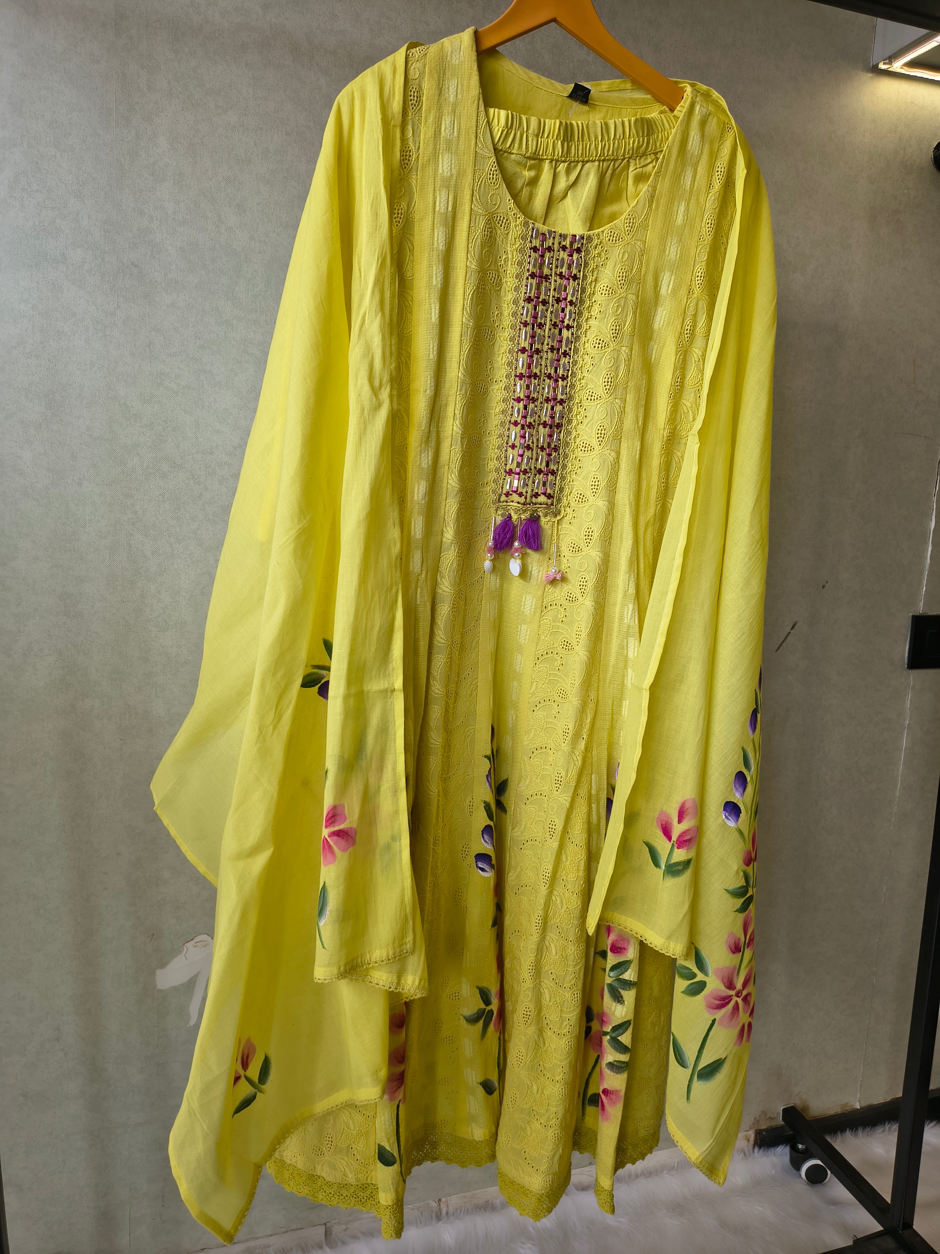 Image of Premium Sunshine Yellow Schiffli Embroidered Kurta Set with Floral Handwork & Dupatta
