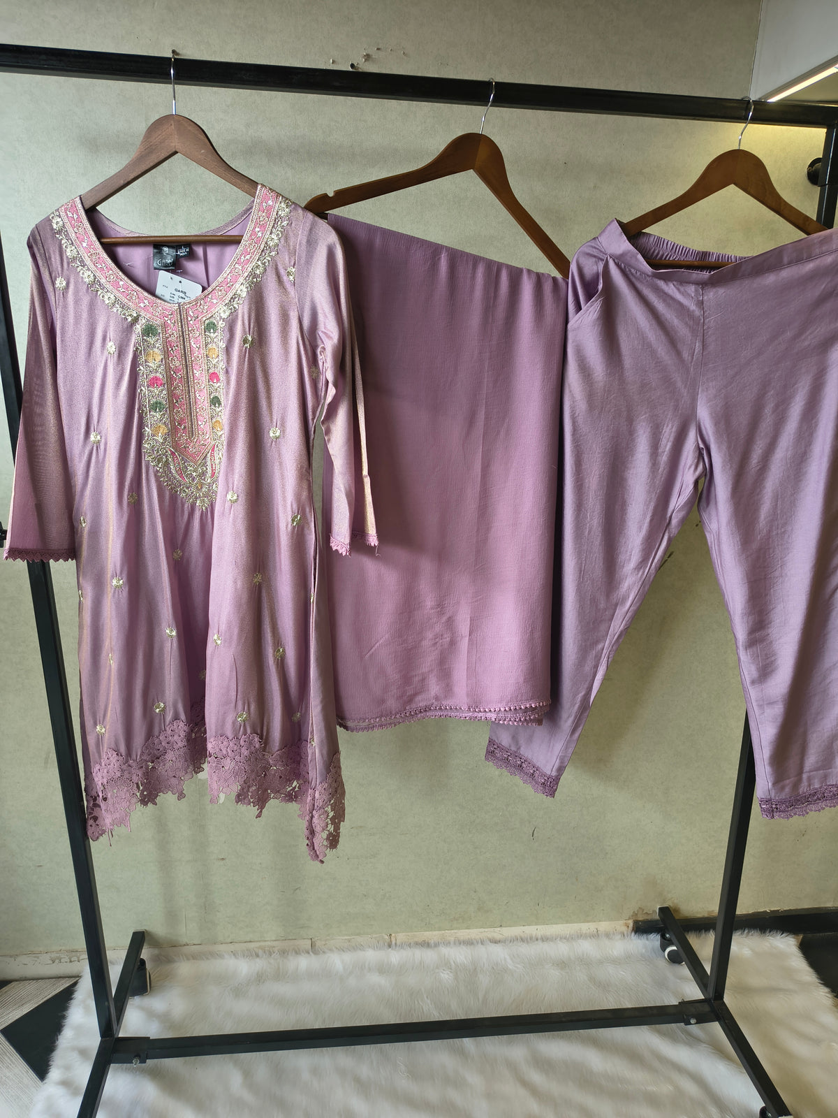 Premium Dusty Lilac Embroidered Kurta Set with Lace Hem & Dupatta