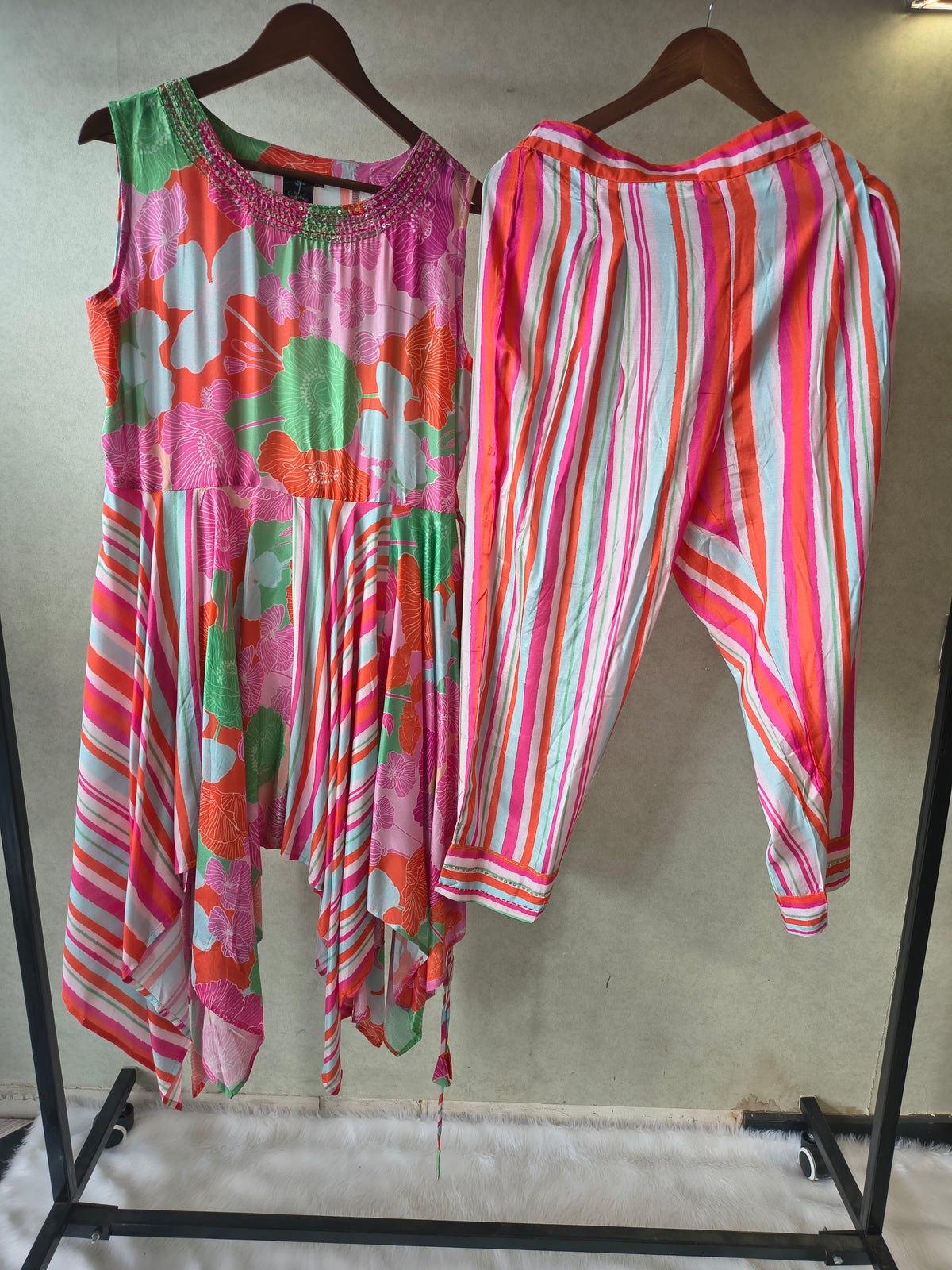 Premium Tropical Floral Handkerchief Kurta with Striped Tapered Pants Co-Ord Set