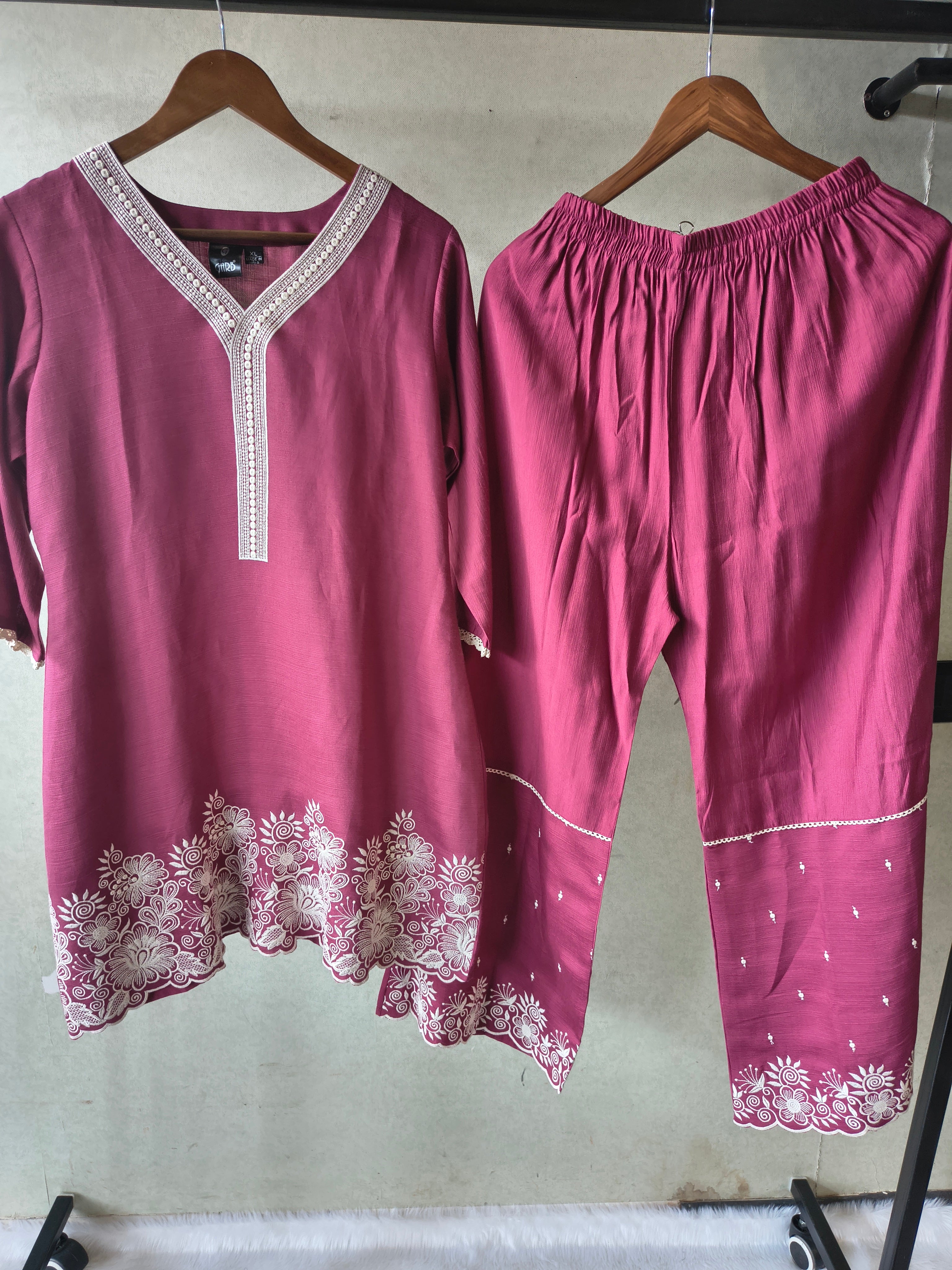 Image of Premium Wine Pink Embroidered Kurta Set with Matching Embroidered Palazzo & Dupatta