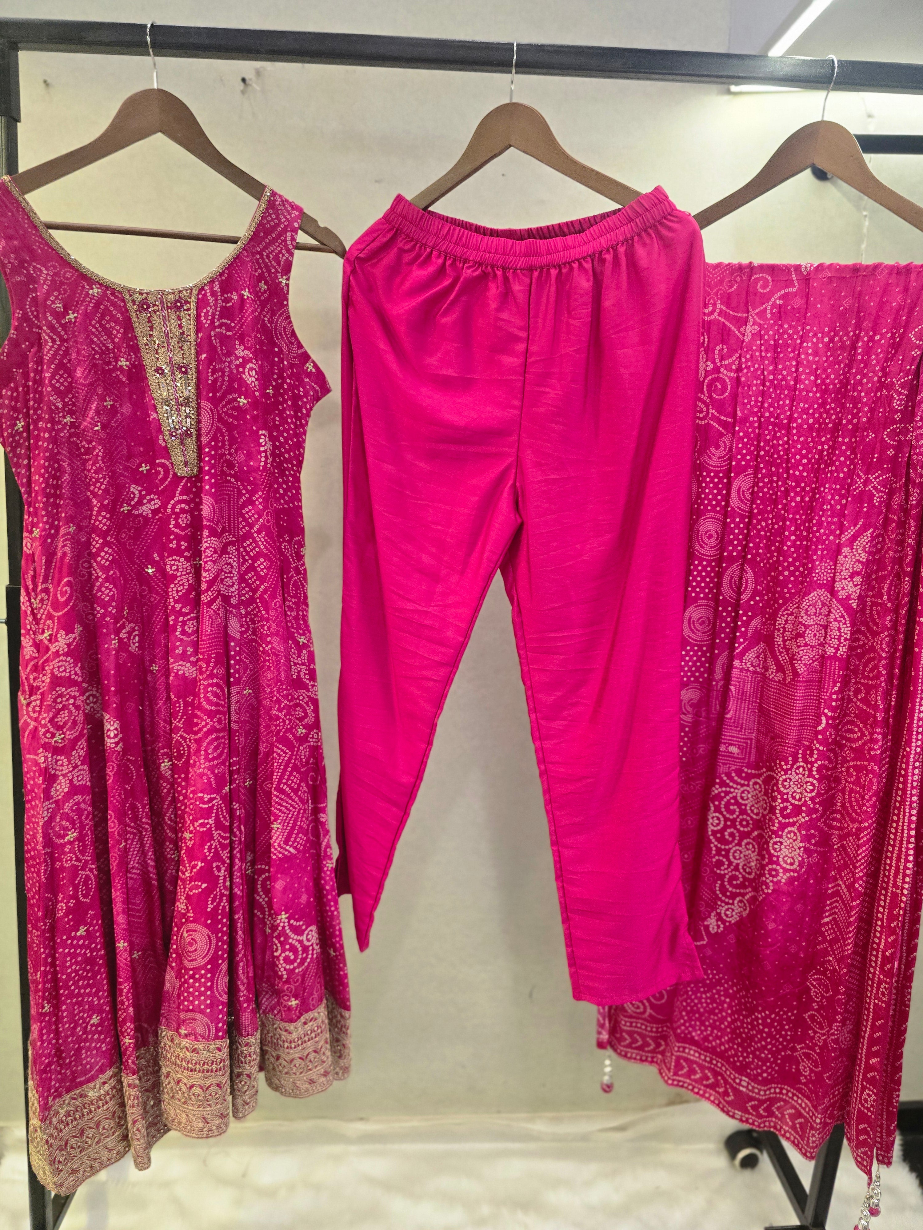 Image of Rani Pink Bandhani Print Sleeveless Anarkali Kurta Set with Printed Dupatta | Premium 3 Piece Ethnic Suit