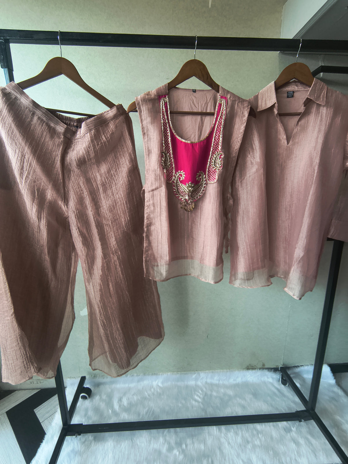 Premium Rose Gold Tissue Silk 3-Piece Co-Ord Set with Hand Embellished Jacket, Inner & Palazzo