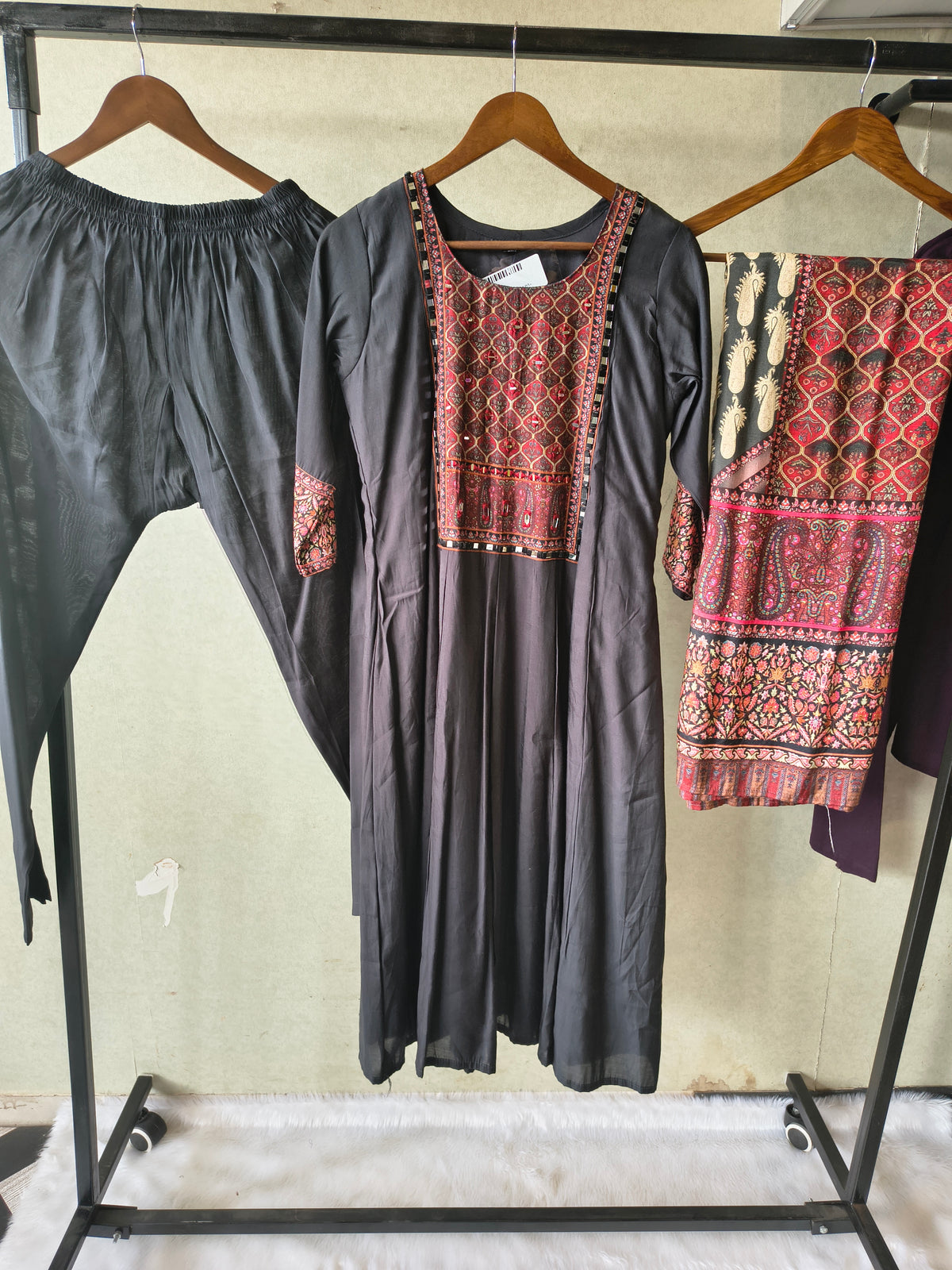 Premium Black Printed Anarkali Kurta Set with Ethnic Yoke, Solid Pants & Designer Dupatta