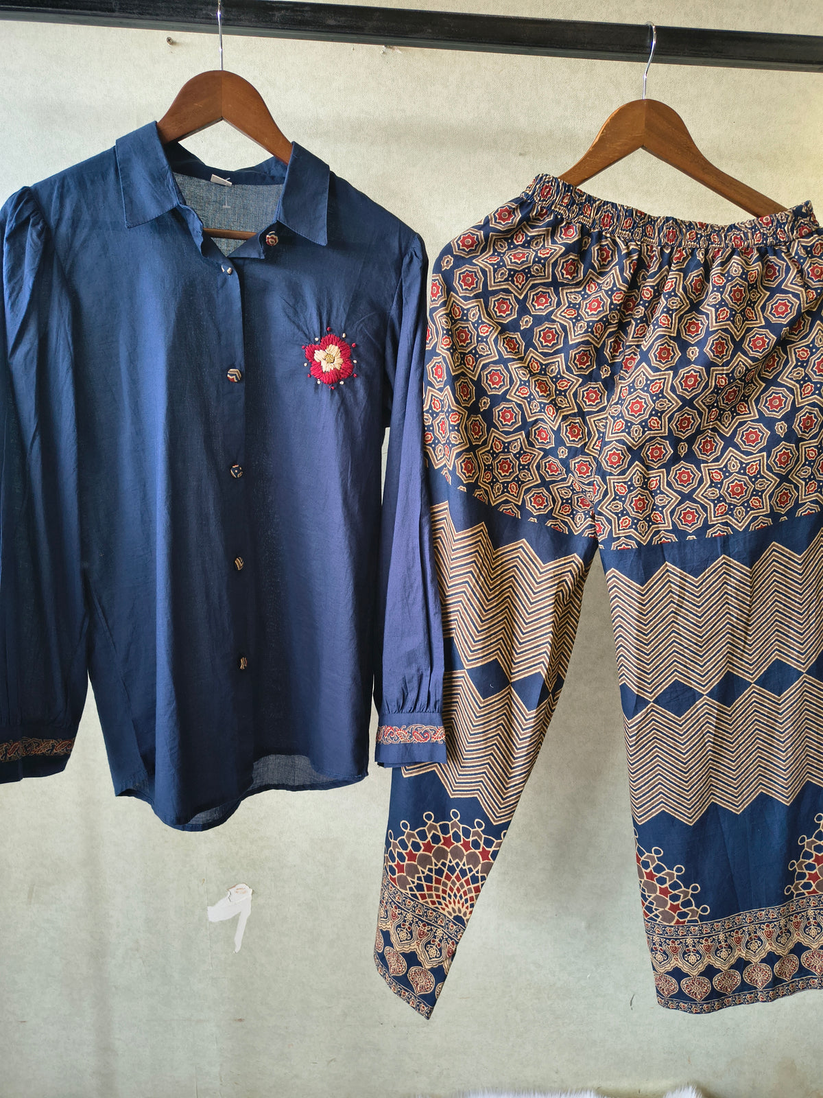Navy Blue Designer Shirt Co-Ord Set with Statement Printed Palazzo Pants