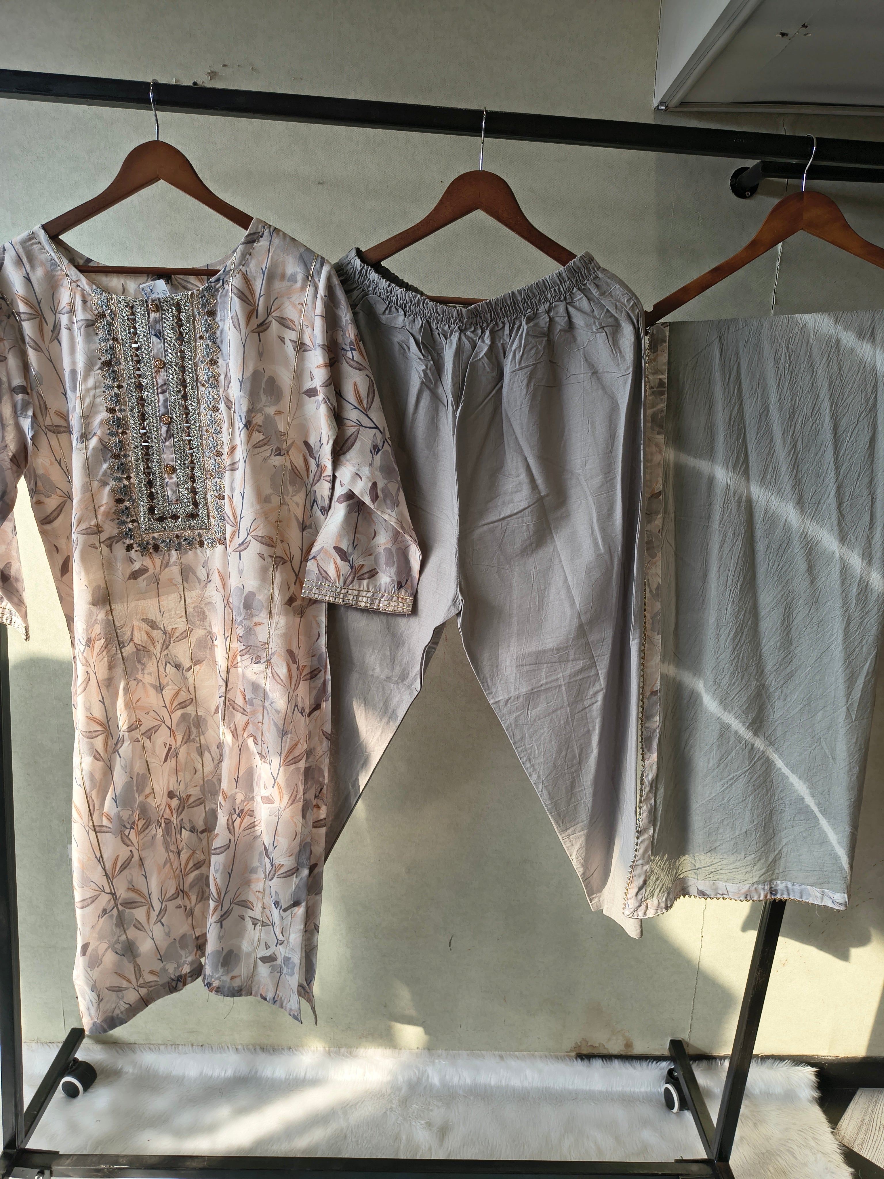Image of Premium Pastel Floral Printed Kurta Set with Embellished Yoke & Chiffon Dupatta